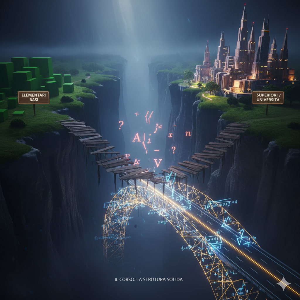 La Scena:
Un'immagine suggestiva che usa la metafora dell'ingegneria.

Sfondo: Un burrone profondo e nebbioso che separa due scogliere.
Sinistra (Il Passato): La scogliera delle "Elementari/Basi". È solida, verde, sicura.
Destra (Il Futuro): La scogliera delle "Superiori/Università". È alta, maestosa, con edifici complessi.
Il Ponte (Le Medie): Un ponte collega le due parti.
La versione "sbagliata": Una parte del ponte è fatta di assi di legno marcio, con buchi visibili. Rappresenta le lacune (frazioni non capite, algebra memorizzata).
La versione "solida": Sotto il ponte, una struttura luminosa e geometrica (fatta di equazioni solide, simboli di frazioni e proporzioni dorate) sta riparando e sostenendo il passaggio, rendendolo un'autostrada sicura.
Significato:
Le scuole medie sono il ponte. Se il ponte è fragile (lacune), non puoi portare carichi pesanti (lauree complesse) dall'altra parte. Il corso è la struttura che rinforza il ponte.