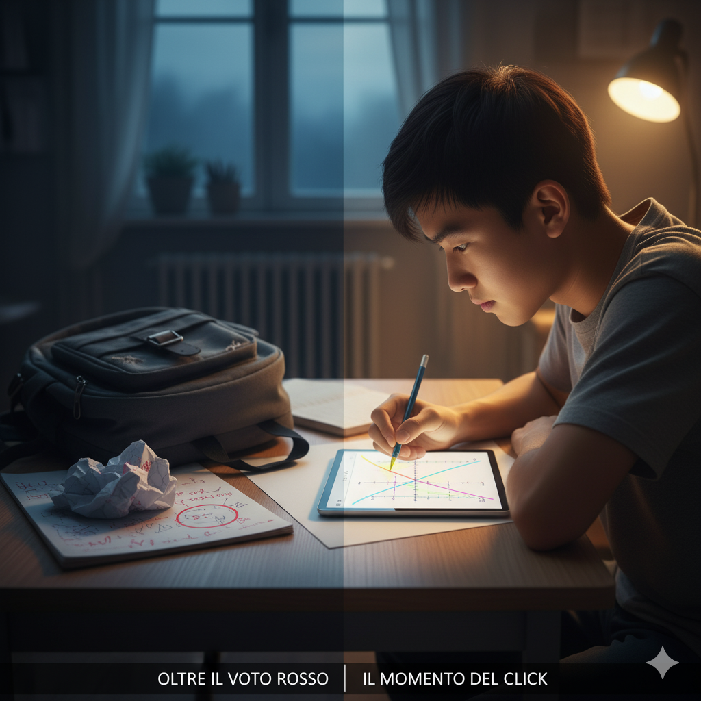 Titolo suggerito: "Oltre il Voto Rosso" o "Il Momento del Click"
La Scena:
Siamo nella camera di un ragazzo o una ragazza delle superiori. È tardo pomeriggio, fuori dalla finestra il cielo inizia a diventare blu scuro, ma sulla scrivania c'è la luce calda e accogliente di una lampada da studio.
La scrivania racconta due storie diverse, divise visivamente.
A sinistra (Il "Sistema Scolastico"):
C'è il caos. Uno zaino aperto e buttato un po' a terra, da cui escono libri pesanti e un po' rovinati. Sull'angolo della scrivania, c'è un foglio a protocollo o un quaderno aperto: si vedono chiaramente dei segni di penna rossa, correzioni nervose, magari un voto basso cerchiato (senza che sia troppo leggibile, basta l'idea del "segno rosso"). È la parte che rappresenta la frustrazione e la fretta.
Al centro e a destra (La "Tua Soluzione"):
Qui l'atmosfera cambia. Lo spazio è sgombro e ordinato.
Lo studente è seduto, visto di spalle o di profilo, chinato sul tavolo. Non ha l'aria disperata, anzi. Ha l'aria di chi ha appena scoperto un segreto.
Davanti a sé ha un tablet o un computer portatile aperto, che emette una luce morbida. Sullo schermo non c'è un muro di testo, ma un grafico colorato e chiarissimo (una parabola, una sinusoide, o una retta nel piano cartesiano) che spiega visivamente un concetto.
Lo studente sta copiando quel grafico su un foglio bianco, pulito. La sua mano è ferma. Sta disegnando la curva con precisione.
Il dettaglio magico: la linea che sta disegnando sul foglio sembra brillare leggermente, come se stesse "accendendo" la carta.
L'Emozione:
L'immagine cattura l'attimo esatto in cui lo studente smette di guardare il voto rosso (il passato) e inizia a capire il concetto (il futuro). È il passaggio dalla confusione alla chiarezza. Il "caos" della scuola è lasciato nell'ombra, mentre la luce è tutta sul nuovo metodo che sta funzionando.