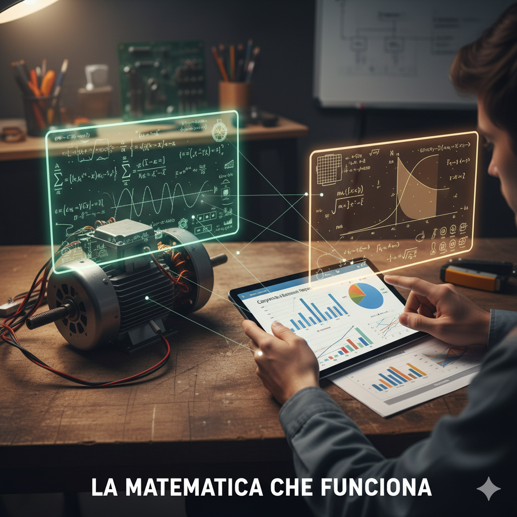 Titolo: "La Matematica che Funziona"
La Scena:
Siamo in un ambiente "ibrido" che rappresenta le due anime degli istituti tecnici.
In primo piano, su un tavolo da lavoro, vediamo due oggetti:

A sinistra: Un componente meccanico o elettronico (es. un motore elettrico sezionato o una scheda Arduino).
A destra: Un report aziendale stampato con grafici di andamento finanziario.
Sopra questi oggetti, però, non c'è aria vuota. C'è una proiezione olografica luminosa (color ambra o verde tecnico) che mostra l'ossatura matematica:

Sopra il motore, le equazioni vettoriali e le sinusoidi della trigonometria che ne spiegano il movimento.
Sopra il report, le curve di una funzione che evidenziano i punti di massimo profitto e le aree di integrazione (costi).
In mezzo, le mani di uno studente che sta "unendo" questi due mondi usando un tablet o una calcolatrice grafica, a simboleggiare che è la matematica a dare il controllo sulla realtà tecnica ed economica.
Significato:
La matematica non è teoria polverosa, è lo schema invisibile che fa funzionare le cose (macchine o aziende). L'immagine trasmette competenza, controllo e applicabilità immediata.