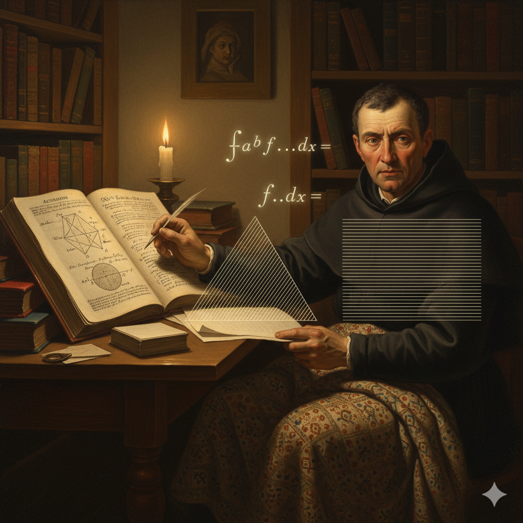 La Scena: Lo Gnomone Spezzato e il Mazzo di Carte
L'Ambientazione: Siamo nello studio di Bonaventura Cavalieri, nel monastero dei Gesuati a Bologna, intorno al 1630. La stanza è modesta, ingombra di libri e strumenti astronomici. È notte. Una singola candela illumina il tavolo da lavoro. Cavalieri è seduto, con una coperta sulle ginocchia per alleviare i dolori della gotta che lo affliggono.

L'Azione e gli Elementi Simbolici:

La Frustrazione di Archimede: Sul tavolo, c'è un manoscritto aperto di Archimede, che mostra la complessa (ma rigorosa) dimostrazione del volume della sfera tramite il Metodo di Esaustione. La pagina è piena di poligoni inscritti e circoscritti, un labirinto di logica. Cavalieri la guarda con un misto di venerazione e profonda frustrazione. Pensa: "È divino, è perfetto... ma è così lento. Ci deve essere una via più rapida per l'infinito. Galileo me lo ha insegnato: il mondo è semplice, siamo noi a complicarlo."

L'Oggetto Banale: Con un gesto stanco, sposta il pesante tomo di Archimede. Nel farlo, urta un mazzo di carte da gioco (o una pila di fogli) appoggiato sul tavolo. La pila, perfettamente squadrata, scivola e si deforma, assumendo una forma obliqua, quasi una parallelogramma.

L'Intuizione (L'Indivisibile): Cavalieri si blocca. Fissa la pila di carte deformata. La sua mente, liberata dal dolore fisico, ha un'illuminazione.

Il Pensiero: "Il volume... il volume è cambiato? No. L'altezza è la stessa. E ogni carta... ogni 'indivisibile'... è identica. Ho solo spostato le 'fette'. La somma di tutte le 'fette' deve essere la stessa!"

In quell'istante, il Metodo degli Indivisibili prende forma.

La Nuova Realtà (Il Ponte verso il Calcolo): Cavalieri ignora le carte e afferra un foglio pulito. Con mano febbrile, disegna una figura piana, un triangolo. Inizia a tracciare decine di linee parallele che la riempiono.

Il Pensiero: "Un'area non è altro che un 'tessuto' fatto di fili infiniti. Un volume non è altro che un 'libro' fatto di fogli infiniti. Se posso confrontare i fili di un triangolo con i fili di un rettangolo... o i fogli di un cono con i fogli di un cilindro... posso calcolare tutto!"

Non sta più usando la logica estenuante di Archimede (l'approssimazione dall'esterno). Sta sommando l'infinito dall'interno.

L'immagine cattura il momento in cui Cavalieri, ispirato da un mazzo di carte e liberato dalla rigidità greca, crea un ponte intuitivo e potente. Sta trasformando la geometria statica in un precursore dinamico del Calcolo Integrale: l'integrazione è appena nata, non come un "limite", ma come una "somma di indivisibili".