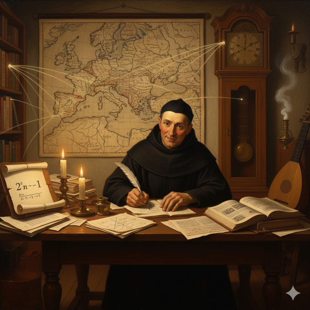 La Scena: La Rete Invisibile del SapereL'Ambientazione: È una scena calda e vibrante, ambientata nella modesta cella conventuale di Padre Marin Mersenne a Parigi, in una serata vivace del 1640 circa. La stanza è piccola, ma non claustrofobica; è un epicentro di attività intellettuale. La luce di diverse candele illumina il disordine organizzato di libri, mappe e carte.Padre Marin Mersenne: È la figura centrale, un monaco di mezza età, con un'espressione benevola ma acuta. È seduto a un tavolo di legno scuro, ma non è solo. La sua presenza è quella di un direttore d'orchestra, un tessitore di connessioni.L'Azione e gli Elementi Simbolici:Il Tavolo della Corrispondenza: Il tavolo è sommerso da una pila impressionante di lettere e manoscritti. Alcune sono aperte, con complessi diagrammi geometrici (richiamando Cartesio o Fermat), altre con schizzi di osservazioni astronomiche (Galileo) o esperimenti pneumatici (Torricelli). Mersenne sta attivamente scrivendo una lettera a mano, la sua penna si muove veloce sul foglio. Sembra intento a copiare, riassumere o tradurre.La Mappa Illuminata: Sulla parete dietro di lui, una grande mappa d'Europa del XVII secolo è appesa. Non è una mappa qualsiasi: è "viva". Dei sottili fili luminosi o eterei (come raggi di luce) partono dal punto che indica Parigi e si estendono verso altre città: Tolosa (Fermat), L'Aia (Cartesio), Firenze (Galileo), Bologna (Cavalieri/Torricelli), e Londra (Boyle/Hooke). Questi fili vibrano, indicando la costante attività di scambio e comunicazione.Il Numero Primo di Mersenne: In un angolo del tavolo, vicino a un calamaio, su una pergamena arrotolata a metà, appare in una luce soffusa la formula di un Numero Primo di Mersenne ($2^n - 1$), come un piccolo omaggio al suo contributo diretto alla matematica.L'Orologio e il Liuto: In secondo piano, un orologio a pendolo scandisce il tempo, simboleggiando la sua meticolosità. Vicino, un liuto o una viola da gamba sono appoggiati, un richiamo alla sua passione per la matematica del suono e l'acustica.Un Sottile Velo di Fumo: Un sottile, quasi impercettibile, filo di fumo si alza da un incensiere lontano, a ricordare la sua vita monastica e la ricerca della verità sia spirituale che scientifica.L'immagine catturerebbe il fermento intellettuale del Seicento, con Mersenne al suo epicentro, tessendo la rete invisibile del sapere che avrebbe unito i grandi pensatori e accelerato il progresso della Rivoluzione Scientifica.