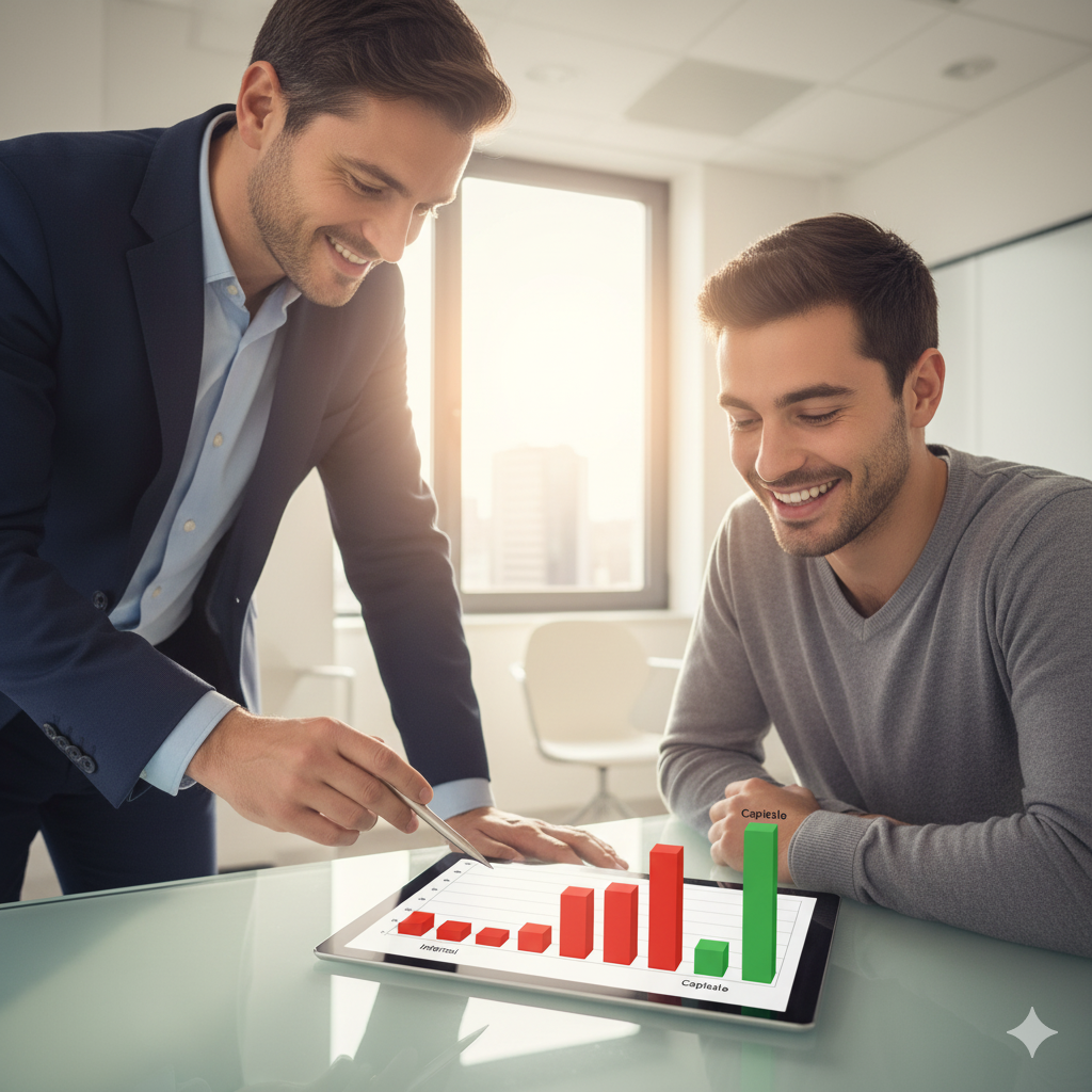 Descrizione Scena per l'Immagine (Prompt)
Obiettivo: Rappresentare il trasferimento di conoscenza e la chiarezza in un contesto bancario/finanziario.
Descrizione:
La scena si svolge in un ufficio moderno e luminoso, con una scrivania in vetro o legno chiaro.
Ci sono due persone:

Il "Banchiere" (o l'Esperto): Una figura professionale, vestita in modo elegante (camicia, giacca), che sta in piedi o seduta di lato, indicando con una penna o un dito un grafico su un tablet o un foglio di carta appoggiato sul tavolo. Ha un'espressione aperta, esplicativa, non minacciosa.
Il Cliente (lo Studente/Mutuatario): Una persona giovane o adulta, seduta di fronte, che osserva il grafico indicato. La sua espressione non è più confusa o impaurita, ma è illuminata da un sorriso di comprensione. È il momento "Aha!", in cui ha capito il trucco.
Il Grafico sul tavolo (il focus dell'attenzione) mostra chiaramente una barra (la rata) divisa in due colori: un blocco Rosso (Interessi) che è grande all'inizio e diventa piccolo alla fine, e un blocco Verde (Capitale) che fa l'opposto.
La luce entra da una finestra laterale, illuminando il grafico e i volti, a simboleggiare la chiarezza mentale. L'atmosfera è positiva, di collaborazione e scoperta.