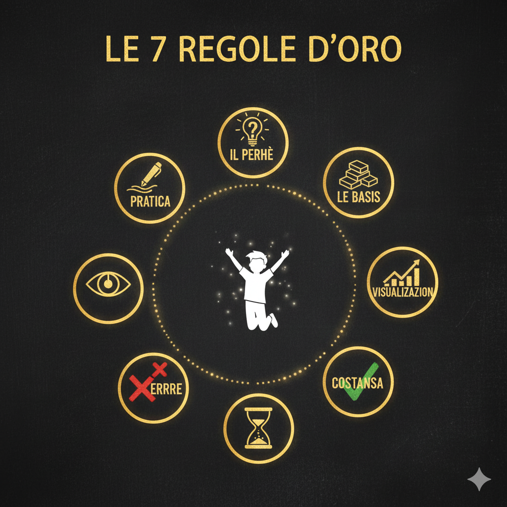 La Scena:
Un'immagine ispirazionale e pulita.

Sfondo: Una lavagna nera o grigio scuro, ma perfettamente pulita, senza il caos del gesso.
Il Soggetto: Sulla lavagna, scritte in una grafia elegante e luminosa (color oro), ci sono 7 icone stilizzate disposte a cerchio o a spirale aurea.
Una Penna (Pratica).
Un Punto Interrogativo (Il Perché).
Dei Mattoni (Le Basi).
Un Occhio/Grafico (Visualizzazione).
Una X rossa trasformata in check verde (L'Errore).
Una Clessidra/Orologio (Costanza).
Una Lampadina (Curiosità).
Il Dettaglio: Al centro della spirale, c'è la figura di uno studente che salta o esulta, circondato da una leggera aura di luce, a simboleggiare la liberazione dallo stress.
Significato:
Le regole non sono catene, sono la chiave d'oro per sbloccare il successo e la serenità nello studio.