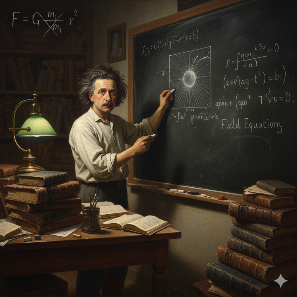  La Scena: La Guerra Solitaria di Einstein contro NewtonL'Ambientazione: È notte fonda nello studio di Einstein a Berlino, intorno al 1914. La stanza è un caos di genio. Pile di libri (di Newton, di Maxwell, e i nuovi testi di Riemann e Gauss portati dall'amico Grossmann) sono accatastati sul pavimento. Fogli di calcolo scarabocchiati strabordano dalla scrivania.L'unica luce proviene da una lampada da tavolo con il paralume verde, che illumina una gigantesca lavagna d'ardesia. La lavagna è un campo di battaglia: una guerra caotica di equazioni e simboli tensoriali ($g_{\mu\nu}$), scritti, cancellati furiosamente e riscritti.Albert Einstein: Non è l'icona anziana e bonaria, ma un uomo nel fiore degli anni, con i capelli scuri già selvaggi. È in piedi davanti alla lavagna, in maniche di camicia, con un gessetto in mano. È visibilmente esausto, ma i suoi occhi brillano di un'intensità febbrile.L'Azione e gli Elementi Simbolici:Il Muro di Newton: Su un lato della lavagna, c'è la formula di Newton: $F = G \frac{m_1 m_2}{r^2}$. Einstein la fissa con frustrazione.Il Pensiero (Il Conflitto): "È una bugia! Una bugia elegante, ma una bugia. 'Istantanea'... Niente è istantaneo. La luce stessa impiega otto minuti per raggiungerci dal Sole. Come può la gravità essere più veloce della luce? Newton, vecchio mio, qui ti sei sbagliato."Il "Pensiero più Felice" (L'Intuizione): Einstein si allontana dalla lavagna. Pensa al suo esperimento mentale: un uomo in un ascensore in caduta libera. L'uomo non sente il proprio peso. Per lui, la gravità è scomparsa.Il Pensiero: "Quindi la gravità e l'accelerazione sono... la stessa cosa. Sono indistinguibili."La Nuova Realtà (La Geometria): Einstein alza lo sguardo. Immagina un raggio di luce proveniente da una stella lontana. Nella sua mente, il raggio viaggia dritto nel vuoto. Poi, immagina il Sole. Ma il Sole non "tira" la luce.La Visione: Nella sua mente, lo spazio vuoto diventa un tessuto flessibile, un telo elastico. Il Sole è una palla pesante che incurva il telo. Il raggio di luce, cercando di viaggiare dritto, è costretto a seguire la curvatura creata dal Sole.L'Epifania: "Non è una forza! È geometria! La materia... la materia dice allo spazio come curvarsi. E lo spazio curvo dice alla materia come muoversi."L'Abbraccio della Matematica: Con questa nuova visione, si rigira verso la lavagna. Il suo sguardo cade sui libri di Riemann e Gauss, che prima sembravano astrazioni incomprensibili. Ora, improvvisamente, i simboli dei tensori ($g_{\mu\vanished}$) non sono più scarabocchi nemici. Sono l'unico linguaggio capace di descrivere la sua visione.Con mano tremante ma decisa, cancella la formula di Newton e inizia a scrivere l'architettura del cosmo: le Equazioni di Campo della Relatività Generale. Ha appena sostituito una forza con la geometria.