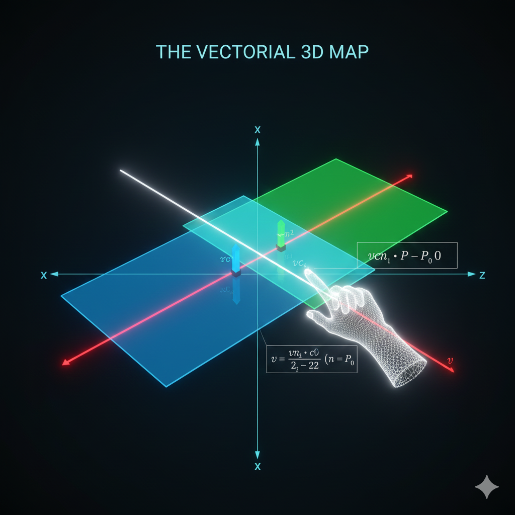 Titolo: "La Mappa 3D Vettoriale"
La Scena:
Un ambiente geometrico minimalista in 3D, come una "wireframe room" (stanza a struttura metallica).
Sfondo: Buio, definito da linee prospettiche di un sistema di assi cartesiani ($x, y, z$) che si estende all'infinito.
Gli Oggetti:
Due piani semitrasparenti e luminosi (uno blu, uno verde) si intersecano nello spazio, creando una linea netta di intersezione.
Una retta (rossa) attraversa i piani.
I Vettori (La Chiave): Invece di formule scritte, i piani e le rette sono definiti dai loro vettori.
Per ogni piano, un Vettore Normale (una freccia corta e spessa) sporge perpendicolarmente dalla sua superficie, ben visibile.
Per la retta, un Vettore Direttore (una freccia lunga e sottile) giace parallelamente alla sua linea.
L'Azione: Una mano digitale o stilizzata indica i vettori e un'equazione parametrica o cartesiana (ad esempio, $\vec{n} \cdot (P - P_0) = 0$) che fluttua accanto al piano, dimostrando che la forma vettoriale è la chiave di lettura di tutta la geometria.
Significato:
L'immagine mostra come la complessità visiva (piani e rette) sia ridotta a pochi, semplici strumenti: i vettori. È la Geometria letta attraverso il linguaggio dell'Algebra.