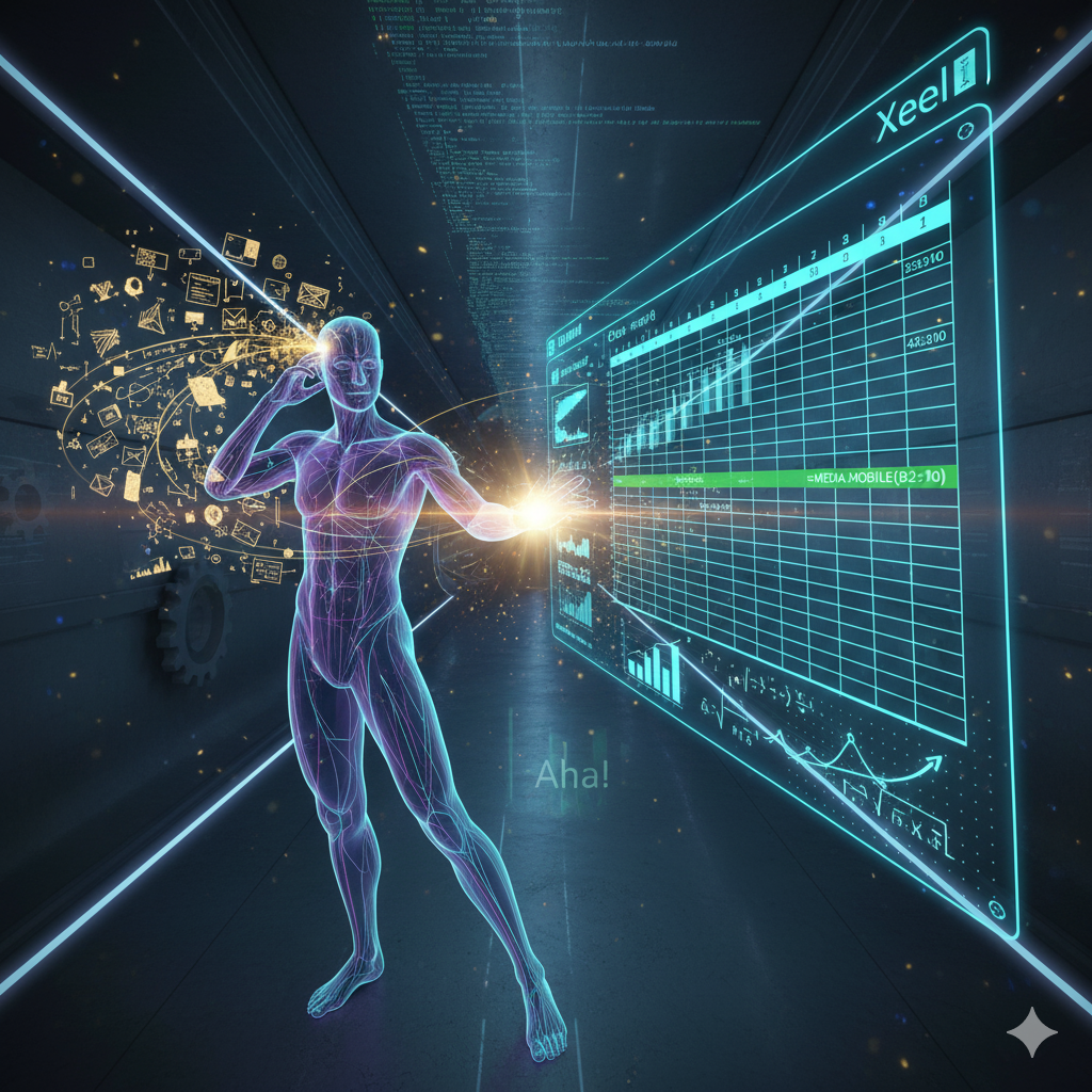 Ecco la descrizione dettagliata per un'immagine accattivante e futuristica per "Statistica con Excel":
Tema: "Mente Aumentata: La Sinergia Perfetta tra Pensiero Umano e Intelligenza Digitale"
Scena:
Un ambiente futuristico, pulito e minimale, dominato da luci al neon soffuse e superfici levigate. Al centro, vediamo una figura umana (neutra, senza genere specifico, per favorire l'identificazione) in una posa dinamica, quasi di "genio", con una mano tesa in avanti e l'altra appena sfiorante la tempia.
Dettagli Chiave:

Soggetto (L'Umano Potenziato):
La figura è semi-trasparente o stilizzata con linee di luce che ne delineano i contorni, suggerendo un'entità quasi olografica o "potenziata". L'espressione del volto è di profonda concentrazione ma anche di estasi, come chi ha appena risolto un enigma complesso o ha avuto un'illuminazione.
Una mano è tesa in avanti verso il futuro, mentre dall'altra, che sfiora la tempia, emergono flussi di dati luminosi e calcoli che si materializzano in aria. Questi flussi sono come idee che prendono forma.
L'Integrazione Digitale (Excel):
Di fronte alla mano tesa, ma leggermente al di sotto e in prospettiva, si materializza un interfaccia utente futuristica di un foglio di calcolo (chiaramente ispirato a Excel, con le sue griglie e celle, ma con un design olografico e dinamico).
All'interno di questo schermo olografico, i numeri non sono statici, ma fluiscono e si organizzano in grafici 3D interattivi che ruotano e si modificano in tempo reale. Vediamo formule complesse (simili a quelle della statistica) che si risolvono automaticamente, evidenziando il risultato finale con un bagliore verde.
Alcune celle potrebbero contenere formule in linguaggio naturale che si traducono immediatamente in calcoli complessi, enfatizzando la semplicità d'uso avanzata.
Il Pensiero Umano (Calcoli a Mano):
Dall'altra parte della figura, vicino alla mano che sfiora la tempia, fluttuano frammenti di scritte a mano, schizzi di formule, diagrammi concettuali e cancellature (stilizzate e luminose, come "pensieri" che si materializzano). Questi elementi sono in una tonalità più calda (es. giallo-arancio) per differenziarsi dai dati digitali e rappresentano il processo di pensiero, l'intuizione e la comprensione manuale.
Un sottile filo di luce collega i "pensieri" manuali alla proiezione olografica di Excel, a simboleggiare l'interconnessione e la convalida reciproca.
Sfondo e Luce:
Lo sfondo è un vortice di linee di codice stilizzate, ingranaggi luminosi che ruotano lentamente, o tunnel di luce che suggeriscono un flusso continuo di informazioni e innovazione.
La palette di colori dominante è un misto di blu elettrico, ciano e viola per l'ambiente digitale e i flussi di dati, con accenti dorati e arancioni per le idee e i calcoli umani.
Un'aura di luce brillante emana dal punto in cui le due modalità di calcolo (mano e digitale) si incontrano o vengono "comprese", creando un effetto "Aha!" potente.
Emozione e Messaggio:
L'immagine deve comunicare non solo l'integrazione di due strumenti, ma la superiorità risultante dalla loro fusione. Trasmette un senso di potenziamento intellettuale, di velocità, di chiarezza e di padronanza su una materia che prima era ostile. L'osservatore dovrebbe sentirsi ispirato a raggiungere lo stesso livello di competenza e controllo. È un invito a entrare nel futuro della statistica, dove la conoscenza umana è amplificata dalla tecnologia.