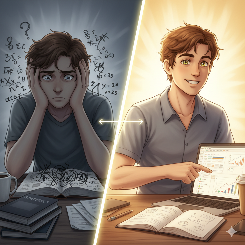 Ecco la descrizione dettagliata per l'immagine:
Una scena divisa orizzontalmente in due, con una linea di luce sfumata che le separa e funge da metafora per l'illuminazione.
Lato Sinistro (Prima):

Soggetto: Uno studente universitario (età 20-24 anni, aspetto curato ma con segni di stanchezza leggera, espressione perplessa e frustrata). È seduto a una scrivania disordinata in una stanza con luce fioca.
Scrivania: Piena di libri di statistica aperti a caso, fogli di appunti scarabocchiati con formule e grafici incomprensibili, una calcolatrice scientifica e magari una tazza di caffè vuota. Il disordine visivo riflette il disordine mentale.
Atteggiamento: La mano è appoggiata sulla fronte, la testa leggermente inclinata, gli occhi fissi su una pagina piena di numeri e simboli greci che sembrano aggrovigliarsi. L'espressione è un misto di frustrazione, sconforto e un velo di rassegnazione. Sembra bloccato, come se non sapesse da dove iniziare. Una luce fredda e blanda illumina solo parzialmente il suo viso.
Lato Destro (Dopo):

Soggetto: Lo stesso studente, ora con un'espressione di "aha! moment" e sollievo. Ha un sorriso leggero e sereno. I suoi occhi sono aperti, puntati verso un punto indefinito con un'espressione di chiarezza e comprensione.
Scrivania: Leggermente più ordinata. I libri sono ancora presenti, ma forse uno è aperto su una pagina chiara o con un diagramma illuminante. Accanto, un laptop è aperto su uno schermo di Excel con dati ben organizzati e magari un grafico chiaro che visualizza un concetto. Ci sono meno fogli sparsi e quelli presenti sono ordinati.
Atteggiamento: Ha una mano che indica una parte dello schermo del laptop o una formula sul quaderno con un gesto di "ho capito!". L'altra mano è rilassata. La postura è più eretta e fiduciosa. Una luce calda e dorata (come quella di un'idea luminosa) illumina il suo viso e l'area della scrivania, creando un'atmosfera di successo e chiarezza.
Elementi aggiuntivi:

Transizione: La linea di separazione al centro potrebbe avere delle frecce stilizzate o un leggero gradiente che simboleggia il passaggio dalla confusione alla chiarezza, come un percorso evolutivo.
Colori: Il lato sinistro usa toni più freddi, grigi e blu scuri per trasmettere ansia. Il lato destro usa toni caldi, gialli, arancioni per evocare chiarezza, successo e fiducia.
L'idea è che l'immagine parli da sola, mostrando la trasformazione che il tuo metodo promette: dal caos e dalla frustrazione alla comprensione e alla fiducia.