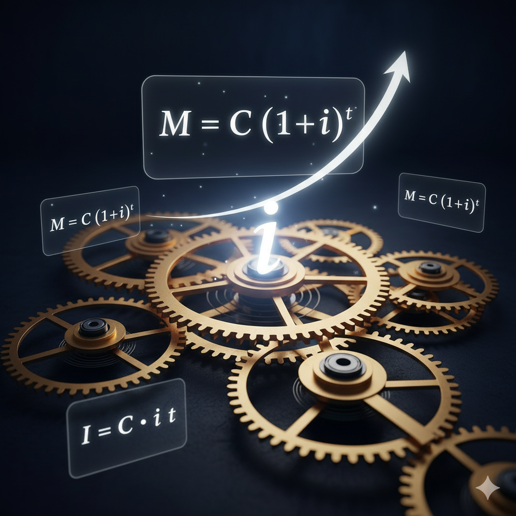 Descrizione Scena per l'Immagine (Prompt)
Obiettivo: Unire l'eleganza della storia con la potenza della formula matematica, trasmettendo valore.
Descrizione:
L'immagine mostra un primo piano evocativo di un meccanismo di orologio antico e complesso (ingranaggi in ottone dorato, lucidi e preziosi) che si fonde con elementi digitali moderni.
Al centro dell'ingranaggio principale, invece delle lancette, c'è il simbolo matematico "i" (tasso di interesse) che brilla di luce bianca o azzurra.
Attorno agli ingranaggi, fluttuano nell'aria le due formule chiave come se fossero proiettate da un ologramma:
In basso, più piccola e semplice: $I = C \cdot i \cdot t$
In alto, più grande, luminosa ed esplosiva (magari con una scia verso l'alto): $M = C (1+i)^t$
Lo sfondo è scuro ma elegante (blu notte o nero profondo), per far risaltare l'oro degli ingranaggi e la luce delle formule.
L'atmosfera suggerisce che chi controlla quel meccanismo (il tasso), controlla il tempo e la ricchezza.