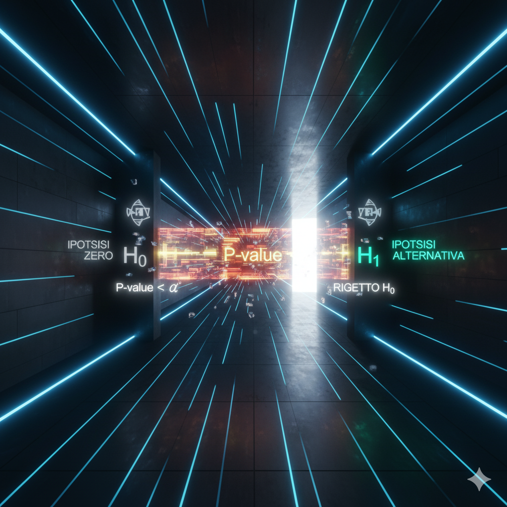 Tema: "Il Varco della Verità: La Soglia Critica della Decisione"Scena:Un tunnel o corridoio digitale simmetrico e futuristico, dominato da superfici scure e linee di luce blu-elettrico, che converge verso un punto focale intenso e luminoso.Dettagli Chiave:La Soglia di Rifiuto: A metà del corridoio, si erge una barriera energetica olografica pulsante (rappresentante la soglia critica di significatività $\alpha$). Questa barriera è visualizzata come un muro di luce rossa e gialla, che simboleggia il punto di non ritorno.Le Ipotesi: Ai lati della barriera, due totem luminosi si fronteggiano: l'Ipotesi Zero ($H_0$) (a sinistra, grigio e statico) e l'Ipotesi Alternativa ($H_1$) (a destra, vibrante e proiettato in luce verde ciano, a simboleggiare la novità e l'obiettivo).Il Dato Determinante: Una serie di punti di dati cinetici (frammenti di codice) si muove ad altissima velocità verso la barriera. Uno specifico frammento di luce, che rappresenta il P-value, è al centro della scena.Azione e Verdetto: Il frammento del P-value supera la barriera energetica (in quanto è inferiore alla soglia critica). Appena lo attraversa, la barriera rossa si disattiva istantaneamente, e il portale di luce verso l'Ipotesi Alternativa si spalanca in una luce bianca e accecante.Emozione: L'immagine trasmette la velocità, l'oggettività e la finalità della decisione statistica. Il dado è tratto, e il dato ha parlato: non c'è più spazio per l'opinione personale, solo per la conclusione scientifica. L'osservatore è invitato a varcare quella soglia.