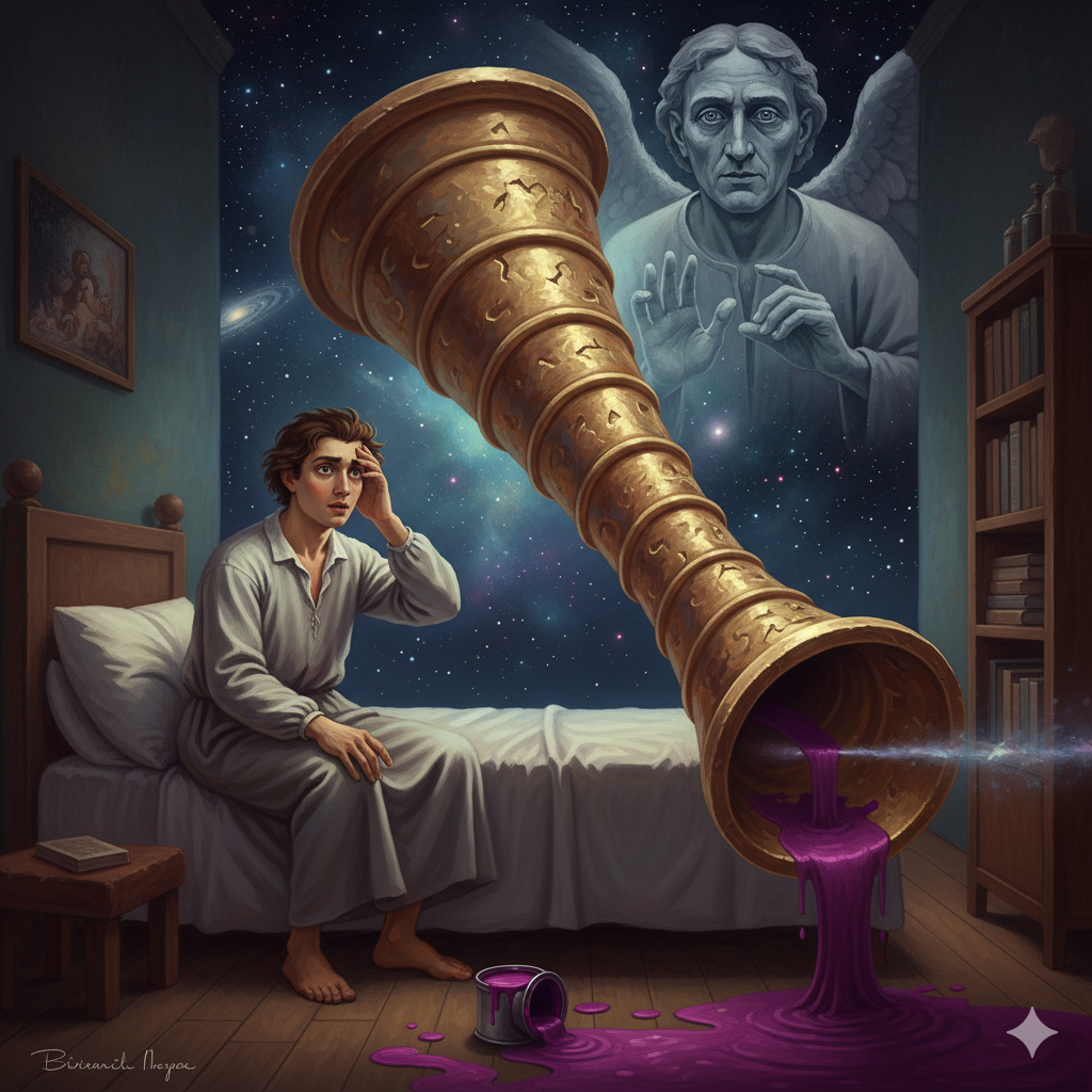 La Scena: Il Sogno del Pittore e la Voce del Vuoto
L'Ambientazione: È notte, non nel laboratorio, ma nella mente di Evangelista Torricelli. La scena è un sogno, o forse una visione, nella sua modesta camera ad Arcetri. La stanza è buia, ma una luce ultraterrena filtra da una finestra immateriale che si affaccia direttamente sul cosmo stellato, come se le pareti fossero svanite.

Evangelista Torricelli: È un giovane uomo, tormentato ma illuminato. È seduto sul bordo del letto, con una camicia da notte, i capelli scomposti. Non è sveglio, ma in uno stato di veglia profonda, con gli occhi spalancati, fissi su qualcosa che solo lui può vedere. Una mano è sulla fronte, l'altra è tesa, come a voler toccare una realtà impossibile.

L'Azione e gli Elementi Simbolici:

La Tromba Materiale: Di fronte a Torricelli, a mezz'aria nella stanza, fluttua una gigantesca Tromba di Gabriele. Non è un disegno, è reale: una scultura d'oro antico e opaco, che si restringe e si allunga all'infinito verso il cielo stellato. La sua superficie interna è liscia, ma l'esterno è così frastagliato e complesso che sembra sfidare la vista.

Il Barattolo di Vernice: Ai piedi del letto, un piccolo barattolo di vernice color porpora è rovesciato. La vernice si sta lentamente espandendo, come un liquido che si diffonde senza fine, ma non riesce a coprire del tutto l'immensa superficie esterna della tromba.

Il Pensiero (del Pittore): "Tanta vernice per riempire, ma l'infinito non si dipinge... com'è possibile?" Torricelli sente la contraddizione stringergli la mente.

L'Arcangelo Gabriele: L'aria trema. Dalla parte più stretta della tromba, quella che si perde nell'infinito, emerge una figura maestosa, quasi trasparente: l'Arcangelo Gabriele. Non è minaccioso, ma solenne. Il suo volto è antico, i suoi occhi profondi. Con una mano, l'Arcangelo indica la bocca della tromba, da cui sembra provenire un silenzio assordante, il silenzio del vuoto che Torricelli aveva appena scoperto.

La Voce dell'Infinito: L'Arcangelo non parla con parole, ma con un'onda di pensiero che risuona nella mente di Torricelli: "Il tuo mondo, mortale, è fatto di limiti. Il Mio, è infinito in modi che la tua logica non può contenere. Non ogni infinito è uguale. Alcuni sono così vasti che la superficie del Myo corno non finirà mai di essere dipinta, ma il suo volume, ah, quello è come la somma delle tue finite anime: può essere contenuto in un abbraccio."

La Consapevolezza: Torricelli chiude gli occhi, poi li riapre. L'immagine si sbiadisce, ma la consapevolezza rimane. Ha capito. L'infinito non è uno solo. La matematica ha appena rivelato una verità più profonda e paradossale di quanto la fisica potesse immaginare. Ha dato una forma concreta (e assurda) all'astrazione.