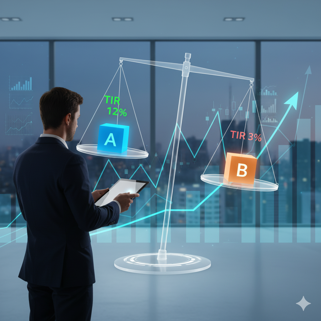 Descrizione Scena per l'Immagine (Prompt)
Obiettivo: Visualizzare il concetto di "scelta ponderata" tra due investimenti basandosi sui dati.
Descrizione:
L'immagine è ambientata in uno spazio astratto o in un ufficio high-tech.
Al centro, una bilancia digitale o olografica a due piatti sta pesando due progetti diversi.
Sul piatto di sinistra c'è un cubo luminoso blu etichettato (o con sopra il simbolo) "A". Sopra di esso fluttua una percentuale verde brillante (es. "TIR 12%").
Sul piatto di destra c'è un cubo luminoso arancione etichettato "B". Sopra di esso fluttua una percentuale rossa o più bassa (es. "TIR 3%").
La bilancia pende chiaramente verso il progetto A (quello migliore).
Davanti alla bilancia, una figura umana (vista di spalle o di profilo, silhouette professionale) sta analizzando la scena con un tablet in mano, pronta a "cliccare" o selezionare il progetto vincente.
Sullo sfondo, linee grafiche di crescita (trend rialzisti) suggeriscono profitto e analisi corretta. L'illuminazione è tecnologica, pulita, professionale.