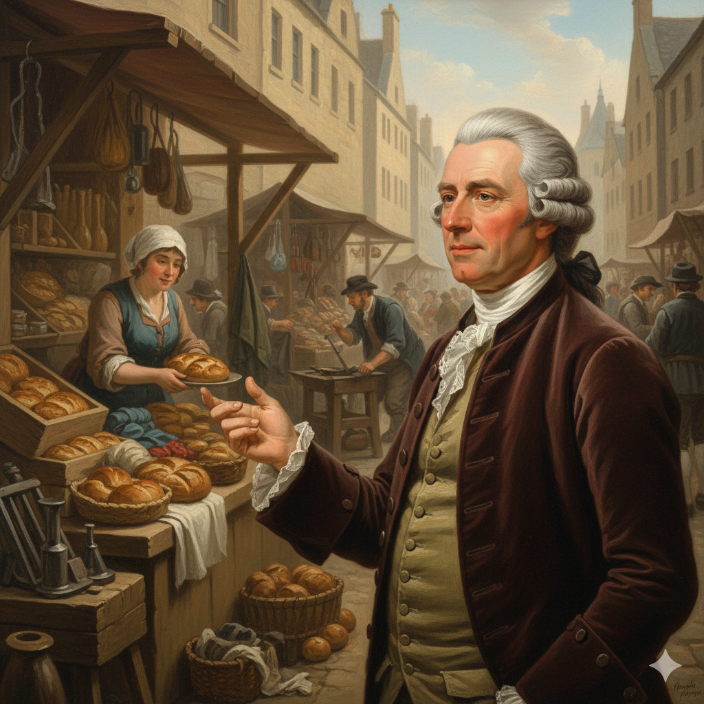 Protagonisti: Adam Smith, raffigurato come un uomo distinto sulla cinquantina, con parrucca bianca incipriata tipica del XVIII secolo, giacca lunga in velluto bordeaux o marrone scuro e un'espressione pensosa ma benevola.Ambiente: Un vivace mercato cittadino scozzese del 1700. Sullo sfondo si vedono bancarelle di legno piene di pane, tessuti e attrezzi. C'è movimento: un fornaio che porge una pagnotta a un cliente, un fabbro che batte il ferro.Colori: Toni caldi e terrosi (ocra, marrone legno, beige della pietra) contrastati dalla luce naturale e morbida del mattino che illumina il volto di Smith e le merci sulle bancarelle.Significato: Smith è in primo piano, leggermente di profilo, che osserva la scena del mercato non con distacco, ma con curiosità analitica. Una sua mano potrebbe essere leggermente sollevata, quasi a indicare il flusso invisibile degli scambi. L'immagine deve trasmettere l'idea che la teoria economica nasce dall'osservazione della vita reale, quotidiana e brulicante, e non dal chiuso di una stanza buia.