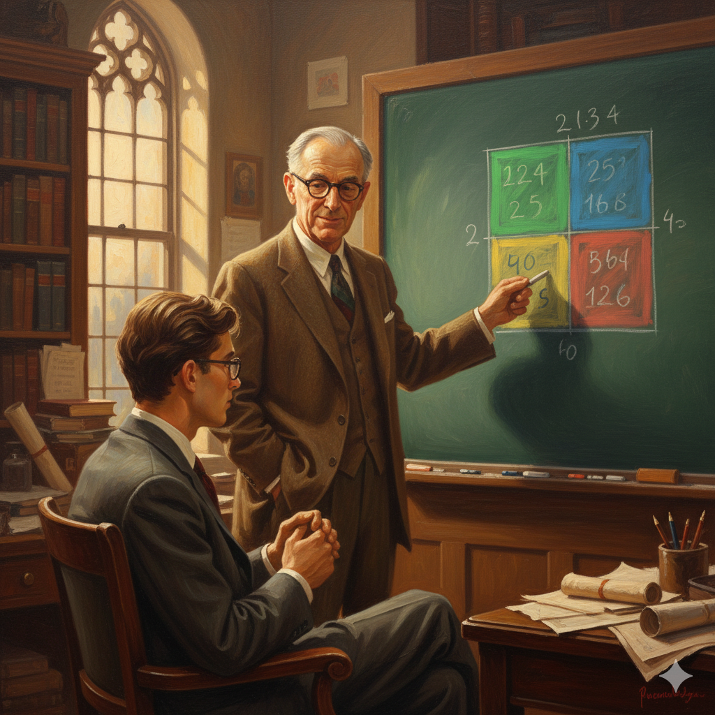 Descrizione Immagine
Protagonisti: Un professore anziano con occhiali spessi e un'aria gentile (Tucker) e un giovane studente geniale ma inquieto (Nash).Ambiente: Un ufficio accademico a Princeton negli anni '50, pieno di libri e carte.Colori: Toni caldi del legno, luce dorata pomeridiana che entra dalla finestra.Significato: Tucker è in piedi e sta disegnando sulla lavagna una matrice 2x2 con le celle colorate. Si gira verso il giovane Nash seduto, indicando la lavagna come per dire "Vedi? È semplice". Nash guarda la lavagna con intensità, come se stesse vedendo i numeri danzare. L'immagine rappresenta il passaggio di testimone e il momento in cui la complessa matematica diventa una narrazione comprensibile.