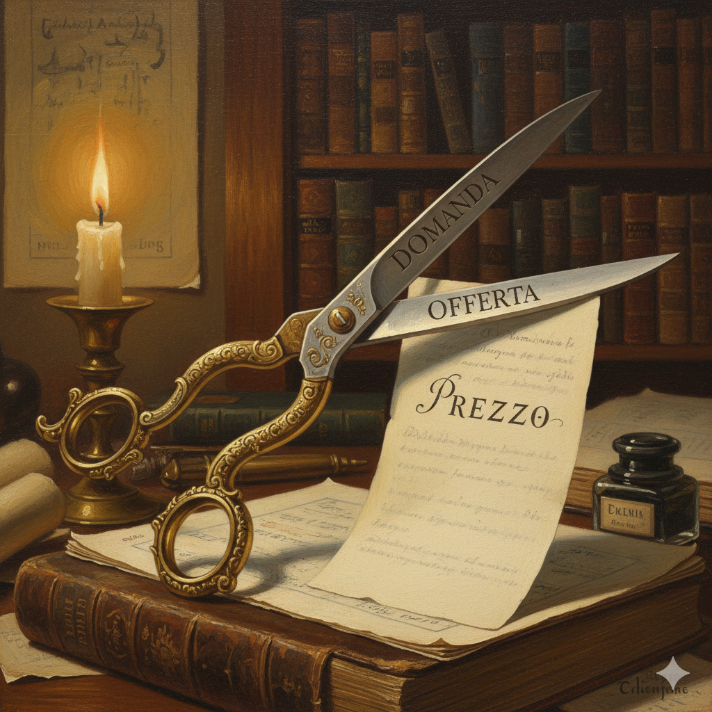 Descrizione Immagine
Protagonisti: Un paio di forbici antiche, aperte, appoggiate su un vecchio libro mastro.Ambiente: Uno studio vittoriano, con legno scuro e luce di candela.Colori: Acciaio, oro (ottone delle forbici), carta ingiallita.Significato:

Una lama delle forbici ha inciso sopra la parola "DOMANDA".
L'altra lama ha inciso la parola "OFFERTA".
Tra le due lame c'è un foglio di carta (il prezzo) che sta per essere tagliato.
L'immagine è la visualizzazione letterale della celebre metafora di Marshall: è inutile chiedersi quale delle due lame tagli la carta, servono entrambe per determinare il valore (il taglio).