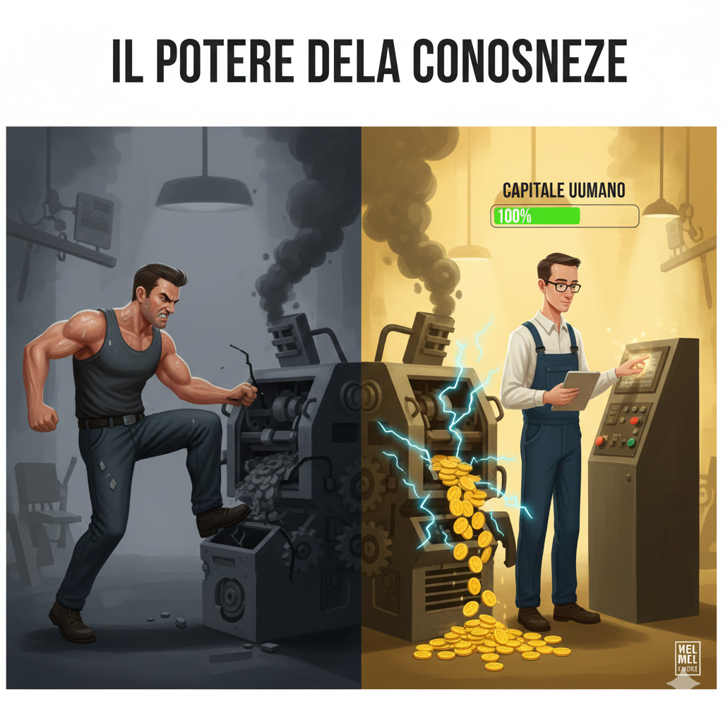 Descrizione Immagine
Protagonisti: Due operai davanti a un macchinario complesso rotto.Ambiente: Una fabbrica.Colori: Grigio scuro (il problema), Giallo luminoso (la soluzione).Significato:

L'operaio A (senza istruzione) sta prendendo a calci la macchina e suda, ma non succede nulla (forza bruta inutile).
L'operaio B (con occhiali e un manuale o tablet in mano) tocca un solo bottone specifico con un dito, sorridendo. La macchina riparte e produce monete d'oro.
Sopra la testa dell'operaio B c'è una barra di caricamento verde con scritto "Capitale Umano: 100%". L'immagine visualizza che la conoscenza è la leva che moltiplica il risultato dello sforzo fisico.