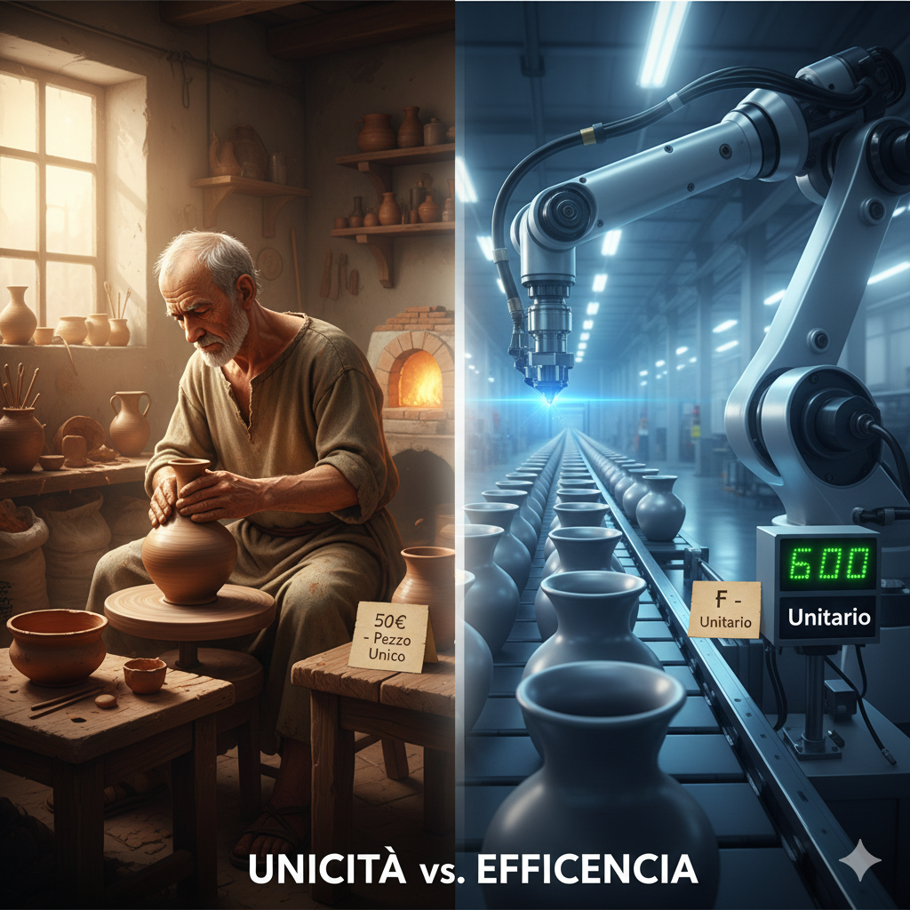Descrizione Immagine
Protagonisti: Un piccolo vasaio artigiano vs un braccio robotico industriale.Ambiente: Un laboratorio polveroso vs una fabbrica hi-tech asettica.Colori: Toni caldi e marroni (terra) per l'artigiano; toni freddi, argento e blu laser per il robot.Significato: L'immagine è divisa a metà.

A sinistra: L'artigiano suda per fare un solo vaso bellissimo. Sotto c'è un cartellino del prezzo: "50€".
A destra: Il braccio robotico, sfocato per la velocità, sta sfornando una fila infinita di vasi identici. Sotto c'è un cartellino: "5€".
L'immagine illustra visivamente il trade-off: l'unicità contro l'efficienza brutale dei grandi numeri e l'abbattimento dei costi unitari.