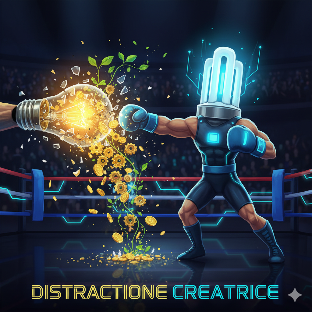  Descrizione Immagine
Protagonisti: Una lampadina a incandescenza (vecchia) e una lampadina LED futuristica (nuova).Ambiente: Un ring da pugilato.Colori: Giallo caldo (vecchio), Blu elettrico neon (nuovo).Significato:

La lampadina LED (che ha braccia e guantoni da boxe) sta sferrando un pugno da KO alla vecchia lampadina a filamento, che sta andando in frantumi.
Dai cocci della vecchia lampadina non esce fumo, ma escono ingranaggi, monete d'oro e piantine verdi che crescono verso l'alto.
L'immagine rappresenta visivamente la Distruzione Creatrice: il nuovo deve rompere fisicamente il vecchio per liberare le risorse e generare nuova ricchezza.