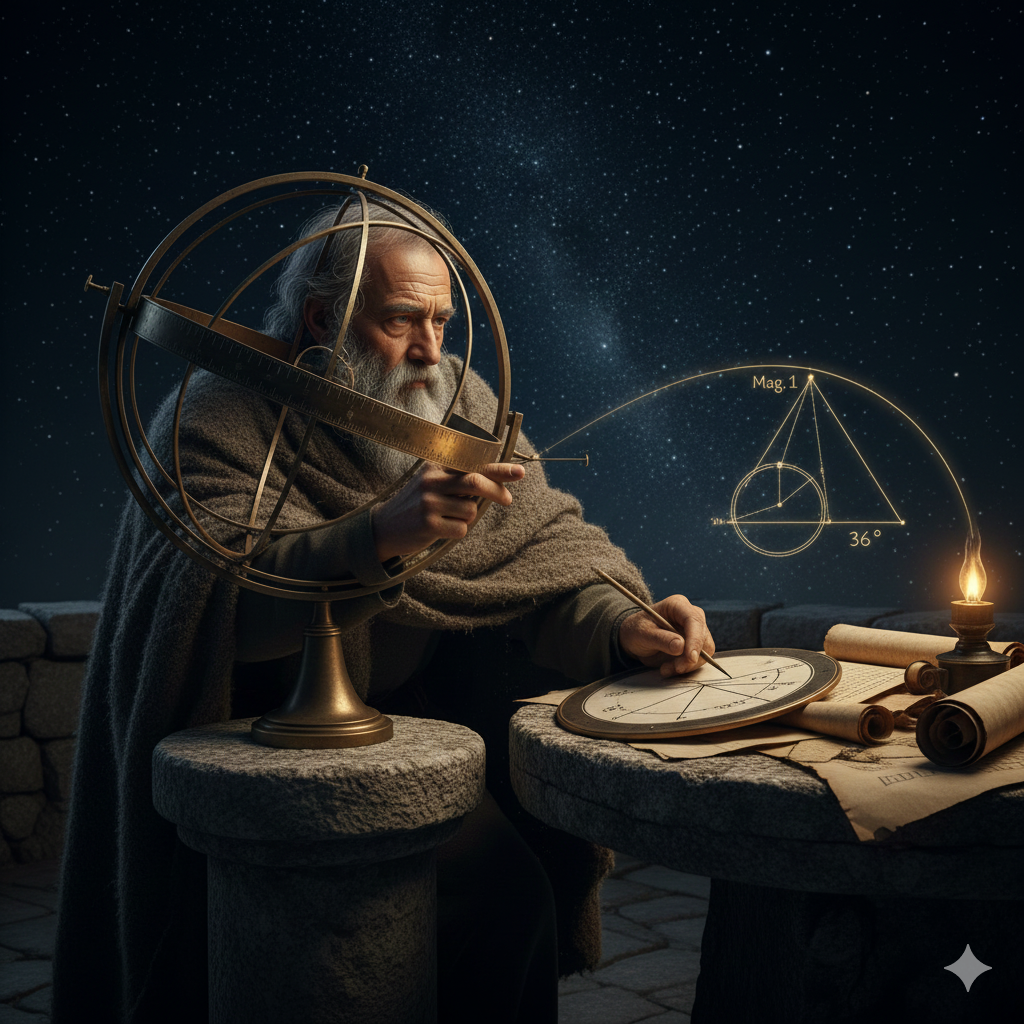 La Scena: La Freccia nel Buio
L'Ambientazione: Isola di Rodi, 130 a.C. La terrazza dell'osservatorio di Ipparco è battuta dal vento salmastro. È notte fonda, senza luna. Il cielo è un tappeto di diamanti così fitto da fare paura.
Ipparco: È un uomo anziano, avvolto in un mantello di lana grezza. I suoi occhi sono stanchi per decenni di scrutamento nel buio. È curvo su uno strumento di bronzo: un'armilla (sfere graduate concentriche).
L'Azione e gli Elementi Simbolici:
La Misura (La Corda):
Ipparco punta lo strumento su due stelle. Legge l'angolo sull'arco graduato: $36^\circ$.
Si volta verso una tavoletta di cera. Non disegna le stelle. Disegna un cerchio.
Il Pensiero: "L'angolo è l'occhio. La corda è la distanza. Se conosco il raggio della sfera celeste, quel $36^\circ$ diventa un numero, una lunghezza."
Traccia una linea retta che taglia il cerchio. È la corda. Ha appena trasformato il cielo curvo in un segmento dritto misurabile.
La Scoperta (Spica):
Poi sposta lo sguardo su Spica, la stella della Vergine. Consulta una vecchia pergamena ammuffita (i dati di Timocari).
Scuote la testa. Non combacia.
L'Epifania: "Non è la stella che si è mossa. È il mio punto di riferimento. È la Terra che vacilla."
Chiude gli occhi e sente, per un istante, il vertiginoso movimento del pianeta sotto i suoi piedi, una trottola gigantesca che ruota nel silenzio cosmico.
Il Catalogo:
Riprende lo stilo. Incide una coordinata e un numero: "Mag. 1".
Sta facendo l'inventario dell'universo, stella per stella, lasciando ai posteri una mappa per navigare l'eternità.
L'immagine cattura la solitudine dell'astronomo che, armato solo di geometria, ha osato misurare l'architettura di Dio.