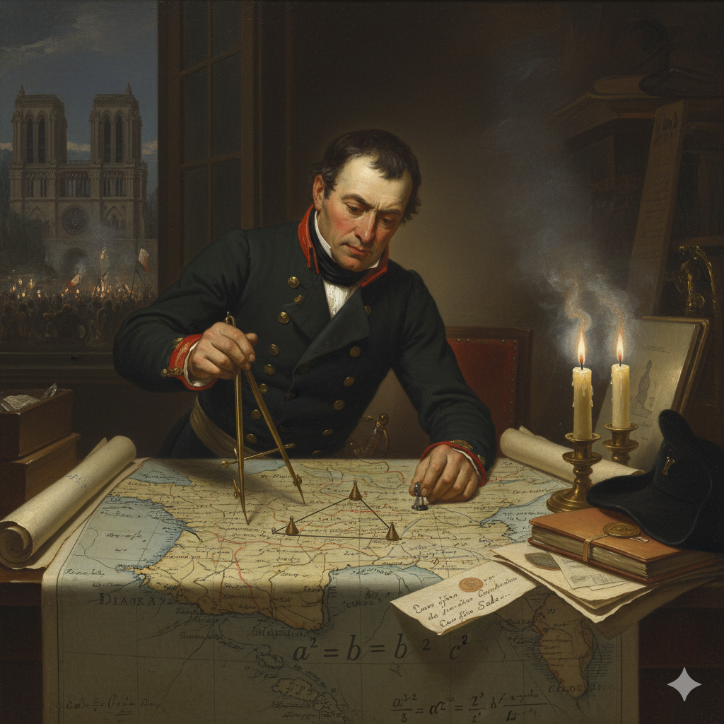 La Scena: Il Tavolo delle Mappe
L'Ambientazione: Parigi, 1794. Una stanza del Palazzo delle Tuileries, piena di fumo e mappe srotolate ovunque. È notte fonda. Si sentono le urla lontane della folla parigina.
Lazare Carnot: È un uomo austero, con la giacca dell'uniforme sbottonata per la stanchezza. È chino su una grande carta geografica della Francia, illuminata da due candele quasi consumate.
L'Azione e gli Elementi Simbolici:

Il Compasso (La Geometria):
Carnot tiene un compasso in mano. Punta su Parigi. Traccia un arco verso il confine belga.
Il Pensiero: "Non sono uomini. Sono vettori. Se sposto la divisione del Reno di 30 gradi, interseco la linea di rifornimento prussiana."
La Ghigliottina (Il Terrore):
Dalla stanza accanto, arrivano le voci di Robespierre e Saint-Just che discutono di "nemici del popolo". Carnot non alza lo sguardo.
Per lui, il terrore è un'equazione inefficiente. La morte serve solo se calcolata per la vittoria.
Il Teorema del Coseno:
Sposta una pedina sulla mappa. Forma un triangolo scaleno tra tre armate.
Mormora: "a quadro uguale b quadro più c quadro..."
Calcola la distanza di marcia non in leghe, ma in ore di sofferenza. Sa che la sua matematica salverà la Repubblica, ma sa anche che il prezzo sarà pagato col sangue.
L'Eredità:
Accanto alla mappa c'è una lettera per suo figlio Sadi, ancora bambino. Carnot la tocca. Spera che un giorno suo figlio applichi questi calcoli non alla guerra, ma al calore e al vapore, per costruire invece che distruggere.
L'immagine cattura il freddo calcolatore che, usando la geometria come scudo e come spada, ha tenuto in piedi una nazione sull'orlo del baratro.