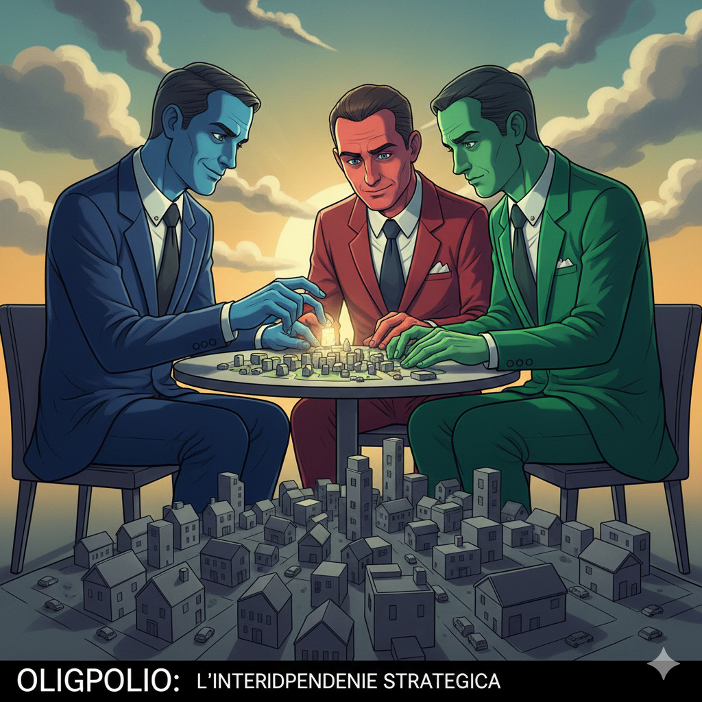 Protagonisti: Tre giganti (alti come palazzi) vestiti in giacca e cravatta, di colori diversi (Blu, Rosso, Verde).Ambiente: Una città minuscola ai loro piedi.Colori: Tonalità sature per i giganti, grigio spento per la città sotto.Significato:

I tre giganti sono seduti intorno alla città come se fosse un tabellone di Risiko.
Si guardano in cagnesco, studiandosi a vicenda. Nessuno guarda la città (i consumatori).
Il gigante Blu sta per muovere una pedina (un nuovo prodotto) sulla città, ma tiene lo sguardo fisso sul gigante Rosso per vedere come reagirà.
L'immagine visualizza l'interdipendenza: la loro partita si gioca sopra le teste dei consumatori, e ogni mossa è fatta in funzione degli altri giganti, non della città stessa.