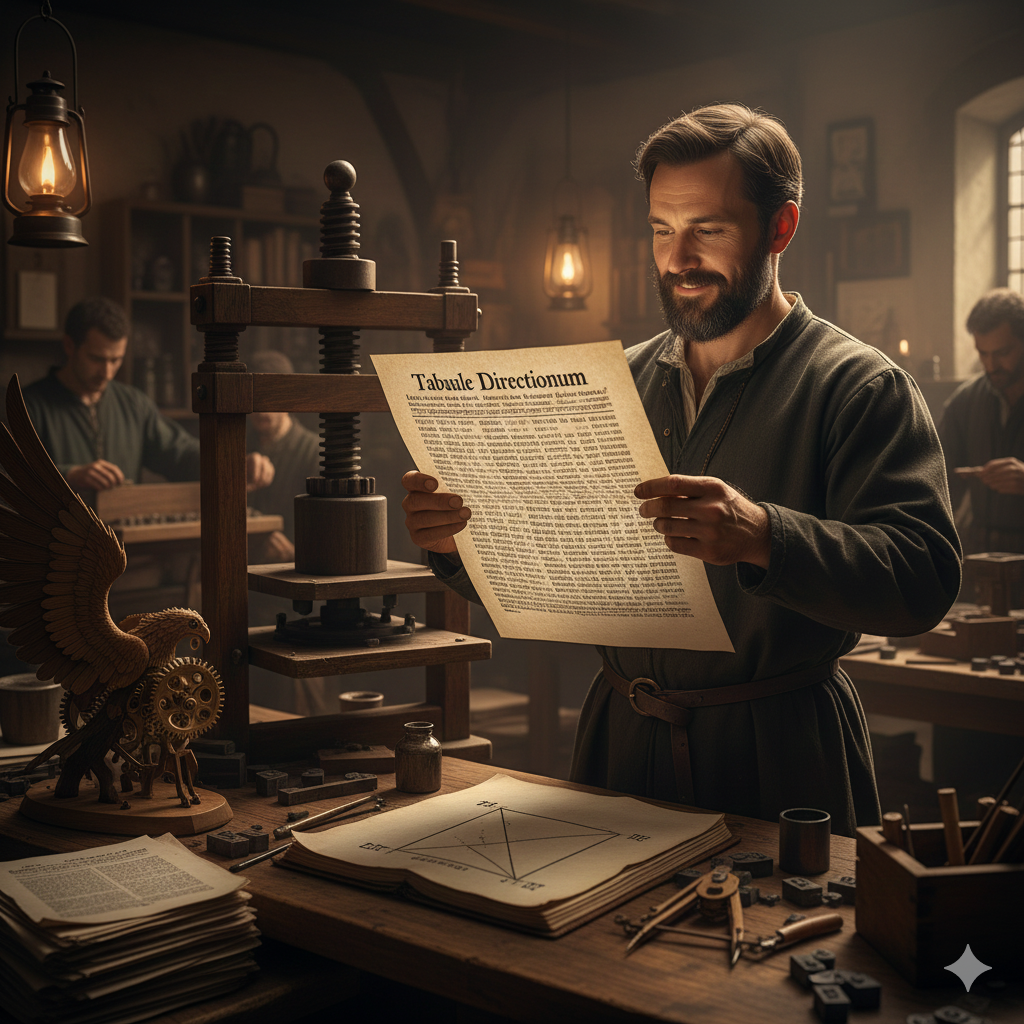 La Scena: Il Triangolo sulla Carta Stampata
L'Ambientazione: Norimberga, 1472. L'officina tipografica di Regiomontano. L'aria odora di inchiostro grasso, piombo fuso e carta umida. Il torchio scricchiola ritmicamente. È il suono della modernità che nasce.
Regiomontano: È un uomo di 36 anni, energico, con le mani macchiate di inchiostro nero. Non indossa le vesti lunghe del monaco medievale, ma l'abito pratico dell'artigiano-scienziato.
L'Azione e gli Elementi Simbolici:

La Pagina di Prova:
Regiomontano estrae un foglio appena stampato dal torchio. Lo controlla alla luce di una lanterna.
Non ci sono parole mistiche o oroscopi. Ci sono colonne ordinate di numeri.
Il Pensiero: "Non più errori di copiatura. Non più monaci stanchi che confondono un 3 con un 8. Questa tavola sarà identica a Lisbona, a Roma, a Londra."
Il Triangolo Libero:
Sul tavolo da lavoro c'è il manoscritto del De Triangulis. Regiomontano disegna un triangolo con riga e compasso.
Non disegna stelle intorno ad esso. Il triangolo è nudo. Pura forma.
L'Epifania: "I Greci guardavano il cielo per capire il triangolo. Io guardo il triangolo per capire qualsiasi cosa: un muro, una montagna, la rotta di una nave. La matematica non ha bisogno del cielo per essere vera."
L'Aquila (La Leggenda):
In un angolo dell'officina, seminascosto, c'è un modello di ali articolate in legno e ingranaggi d'ottone (l'aquila meccanica).
Regiomontano la guarda e sorride. Sa che la gente ama i giocattoli, ma il vero potere, il vero volo, è in quei fogli di carta che sta stampando. Sono quelli che permetteranno all'uomo di attraversare gli oceani.
L'immagine cattura il momento in cui la matematica scende dalle stelle e diventa tecnologia, riproducibile, precisa e pronta all'uso per esplorare il mondo.