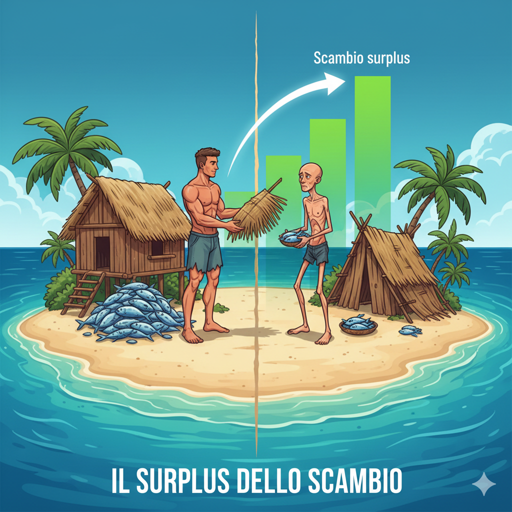 Descrizione Immagine
Protagonisti: Due naufraghi su un'isola tropicale, divisi da una linea nella sabbia.Ambiente: Spiaggia assolata con palme e mare.Colori: Azzurro mare, giallo sabbia, verde vegetazione.Significato:

Naufrago A (molto muscoloso e veloce) ha davanti a sé una montagna di pesci enorme e una capanna perfetta. È bravo in tutto.
Naufrago B (magrolino) ha pochi pesci e una capanna storta.
L'immagine cattura il momento dello scambio: A sta dando una parte della sua capanna a B, e B sta dando i suoi pochi pesci ad A.
Una freccia o un'infografica sovrapposta mostra che, grazie allo scambio, la "montagna totale" di beni posseduta da entrambi alla fine è più alta rispetto alla somma delle due montagne separate iniziali. Visualizza il "surplus dello scambio".