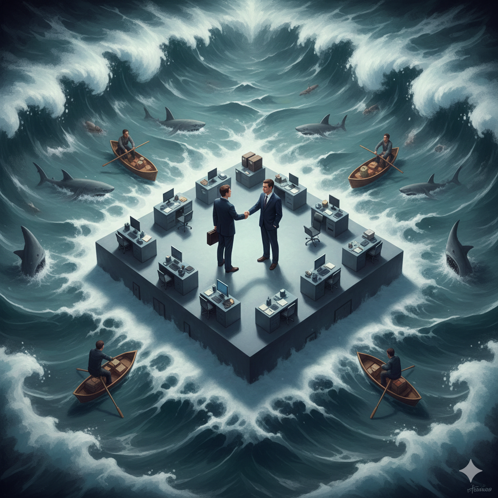 Descrizione Immagine
Protagonisti: Un uomo d'affari in abito moderno che sta per stringere la mano a un altro professionista.Ambiente: I due si trovano su una piccola isola di cemento solido e ordinato, con uffici e scrivanie ben allineate.Colori: L'isola è grigia e blu (colori aziendali), rassicurante e stabile.Significato: Attorno all'isola c'è un mare in tempesta, caotico e imprevedibile, pieno di onde, squali e barchette precarie che cercano di scambiarsi merci tra le onde. L'isola rappresenta l'Impresa (ordine, gerarchia, protezione), mentre il mare rappresenta il Mercato aperto (pieno di frizioni e costi di transazione). L'immagine visualizza la metafora di Coase dell'impresa come un'isola di pianificazione consapevole nel mare del mercato incerto.