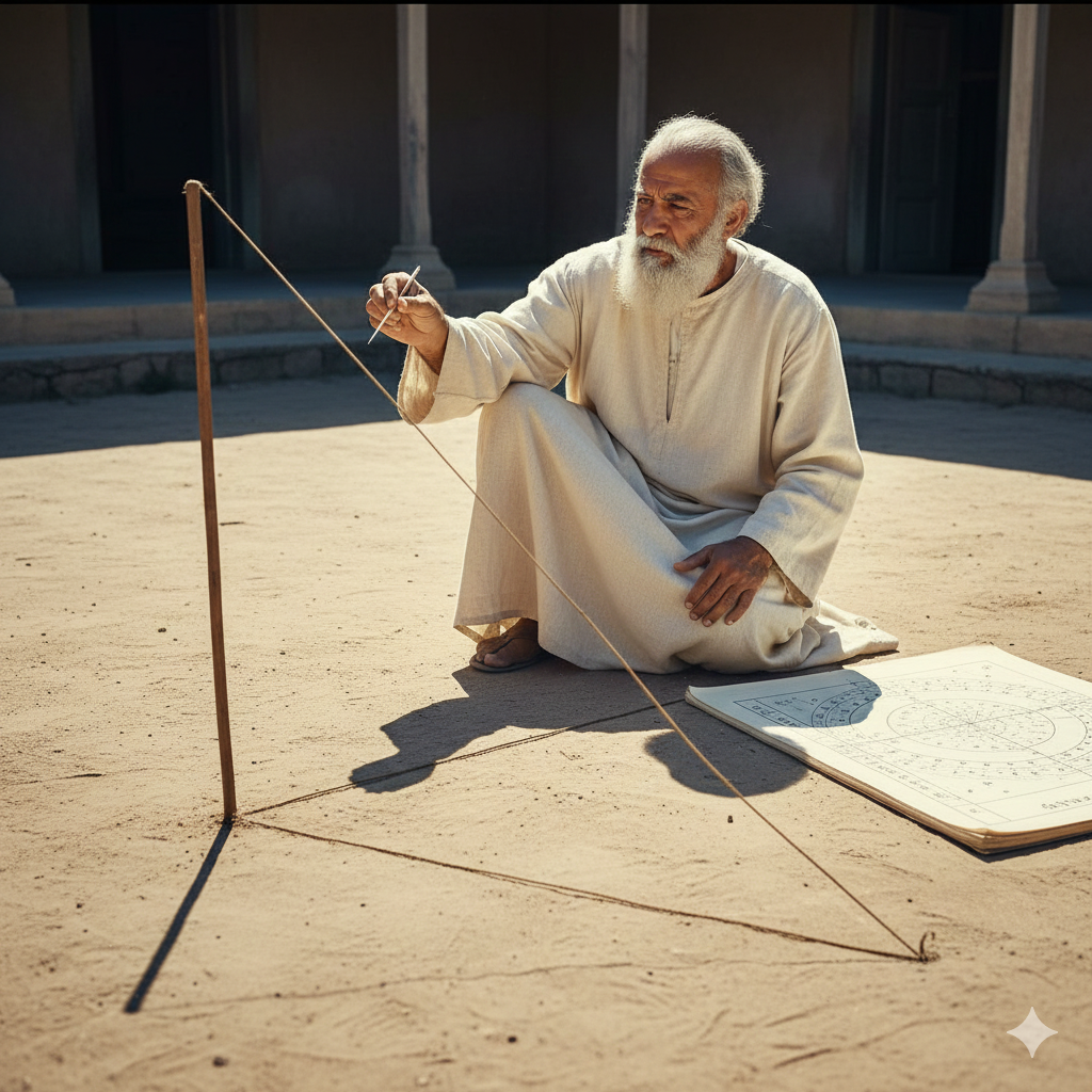 La Scena: L'Ombra sulla Sabbia
L'Ambientazione: Raqqa, Siria, anno 900 d.C. È mezzogiorno. Il sole picchia violento sul cortile dell'osservatorio. Non c'è un filo d'ombra, tranne quelle proiettate dagli strumenti. Il calore fa tremolare l'aria sopra la sabbia.
Al-Battani: È un uomo anziano ma vigoroso, con una barba bianca ben curata e una veste di lino candido. È inginocchiato sulla terra battuta.
L'Azione e gli Elementi Simbolici:

Lo Gnomone (Il Bastone):
Davanti a lui c'è un semplice bastone piantato verticalmente nel terreno (uno gnomone). Al-Battani osserva l'ombra che si allunga sulla sabbia.
Il Triangolo di Luce:
Con un bastoncino, traccia una linea che unisce la punta del bastone alla fine dell'ombra.
Il Pensiero: "I Greci guardano il cerchio nel cielo. Io guardo il triangolo in terra. L'ombra racconta l'angolo del Sole meglio della corda."
Misura l'ombra. È lunga, nitida. È la Tangente.
Il Dubbio su Tolomeo:
Alza lo sguardo verso il Sole (proteggendosi gli occhi). Pensa al grande libro di Tolomeo nella sua biblioteca.
L'Epifania: "Tolomeo dice che il Sole è sempre alla stessa distanza. Ma oggi l'ombra è diversa da quella calcolata dai suoi numeri. Il Sole si è allontanato o avvicinato. L'universo respira, non è una sfera di cristallo rigida."
La Correzione:
Rientra all'ombra del portico. Prende il suo Zij (tavola astronomica) e cancella un numero vecchio. Ne scrive uno nuovo, frutto della sua osservazione.
In quel gesto semplice, la scienza araba supera quella greca. Non per mancanza di rispetto, ma per amore di una verità più precisa.
L'immagine cattura la transizione epocale: la geometria statica dei Greci diventa la trigonometria dinamica degli Arabi, scritta sulla sabbia rovente del deserto.