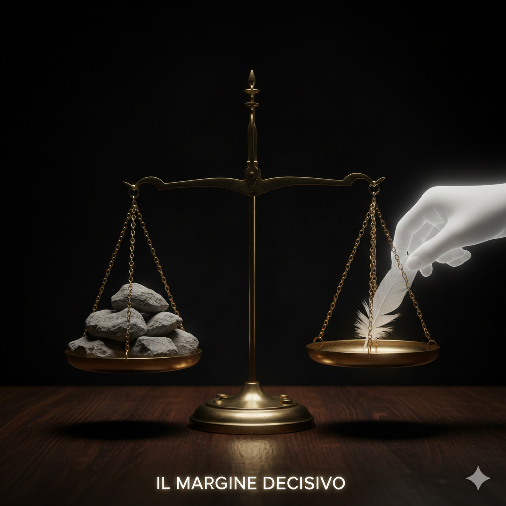 Descrizione Immagine
Protagonisti: Una bilancia a due piatti antica, in ottone, finemente lavorata, posta su un tavolo di legno scuro.Ambiente: Uno sfondo scuro e sfocato che mette in risalto la lucentezza del metallo della bilancia.Colori: Oro (la bilancia), nero (lo sfondo), bianco brillante (una piuma), grigio pietra (un mucchio di sassi).Significato: Sul piatto sinistro c'è un grosso mucchio di pietre grigie (che rappresentano il "totale" o i costi passati). Il piatto è a terra, pesante. Una mano eterea sta delicatamente posando una singola, leggerissima piuma bianca (o una moneta d'oro) sul piatto destro vuoto. L'immagine cattura l'istante in cui quella piccolissima aggiunta sta per far muovere l'ago della bilancia. Simboleggia il concetto che è l'ultima unità aggiunta (il margine) a determinare l'azione e il cambiamento, non la massa totale già accumulata.