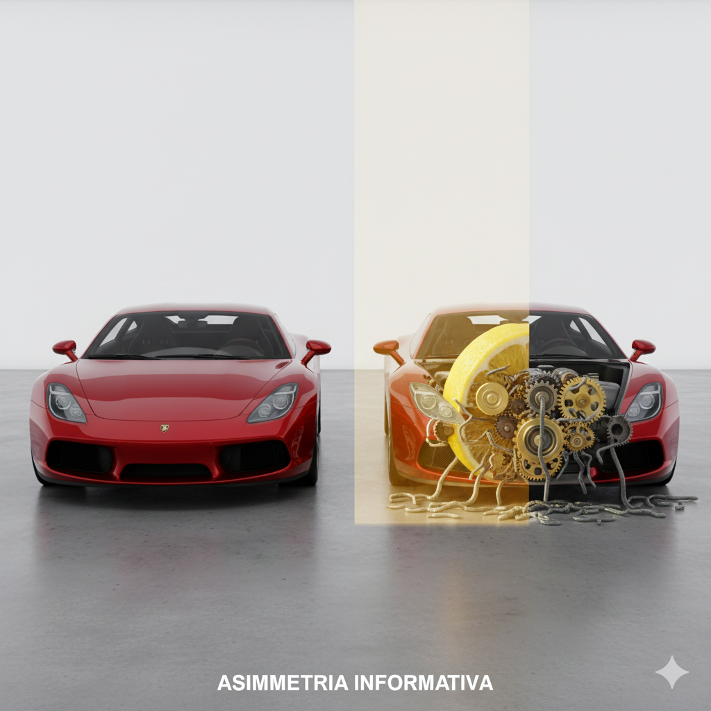 Descrizione Immagine
Protagonisti: Due automobili apparentemente identiche parcheggiate una accanto all'altra su uno sfondo bianco o grigio neutro. Sono dello stesso modello e colore (es. rosso fiammante).Ambiente: Uno studio asettico o un concessionario minimalista.Colori: Rosso brillante per le carrozzerie. Ma l'immagine è divisa a metà da un effetto "Raggi X".Significato: La metà sinistra mostra le auto come le vede il compratore: entrambe perfette e lucide. La metà destra rivela la realtà nascosta (l'asimmetria): l'auto A ha un motore d'oro e ingranaggi perfetti e solidi; l'auto B ha l'interno marcio, con il motore che è in realtà un vero limone giallo e aspro con ingranaggi arrugginiti o vermi che escono. L'immagine illustra visivamente che l'apparenza esteriore (l'informazione pubblica) nasconde la qualità intrinseca (l'informazione privata).