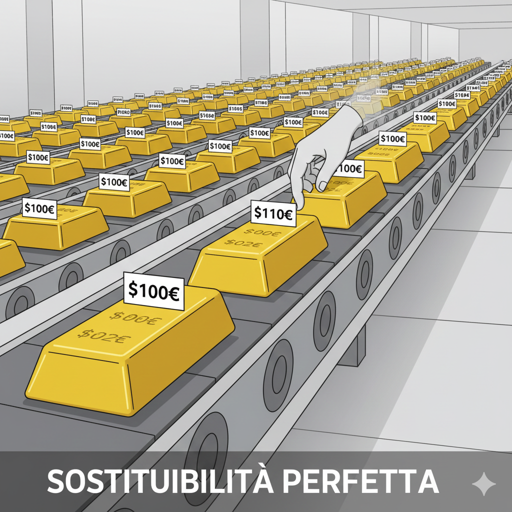 Descrizione Immagine
Protagonisti: Una fila infinita di lingotti d'oro o chicchi di mais.Ambiente: Un nastro trasportatore industriale o un caveau asettico.Colori: Oro brillante o Giallo mais, su sfondo bianco/grigio neutro.Significato:

In primo piano c'è un lingotto con un cartellino del prezzo "100€".
Dietro di lui, identici in tutto e per tutto, altri mille lingotti, tutti con il cartellino "100€".
Una mano cerca di mettere un cartellino "110€" su uno dei lingotti centrali, ma il lingotto svanisce o diventa trasparente (invendibile).
L'immagine comunica visivamente l'idea di sostituibilità perfetta e l'impossibilità di deviare dal prezzo di mercato.
