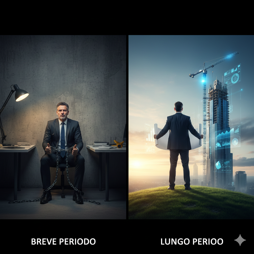 Descrizione Immagine
Protagonisti: Un imprenditore o un architetto.Ambiente: Un cantiere o una fabbrica.Colori: Contrasto tra grigio cemento (statico) e blu elettrico (progettuale).Significato: L'immagine è divisa in due.

A sinistra (Breve Periodo): L'imprenditore è dentro una stanza piccola e affollata, con le mani legate da catene d'acciaio al muro. Cerca di lavorare ma è bloccato dai muri fisici.
A destra (Lungo Periodo): Lo stesso imprenditore è in piedi su una collina, libero dalle catene, con un rotolo di progetti aperto in mano. Davanti a lui non ci sono muri, ma una gru che sta costruendo un edificio nuovo e più grande.
L'immagine simboleggia il passaggio dal vincolo (mani legate, muri fissi) alla progettualità (libertà di cambiare la struttura).