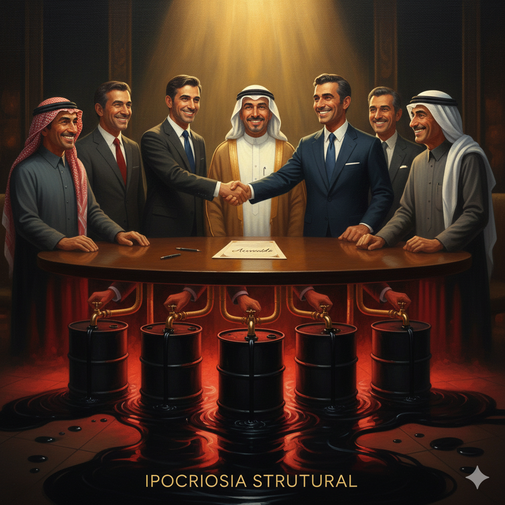 Descrizione Immagine
Protagonisti: Diversi uomini d'affari (o sceicchi stilizzati) seduti attorno a un tavolo rotondo.Ambiente: Una sala riunioni lussuosa ma in penombra.Colori: Oro, nero (petrolio), rosso (tradimento).Significato:

Sopra il tavolo, tutti si stringono la mano sorridendo, firmando un foglio con scritto "Accordo".
Sotto il tavolo (la parte nascosta), ogni personaggio ha una mano che apre di nascosto un rubinetto personale collegato a un barile, facendo uscire petrolio extra che allaga il pavimento.
L'immagine visualizza perfettamente l'ipocrisia strutturale del cartello: accordo pubblico, tradimento privato.