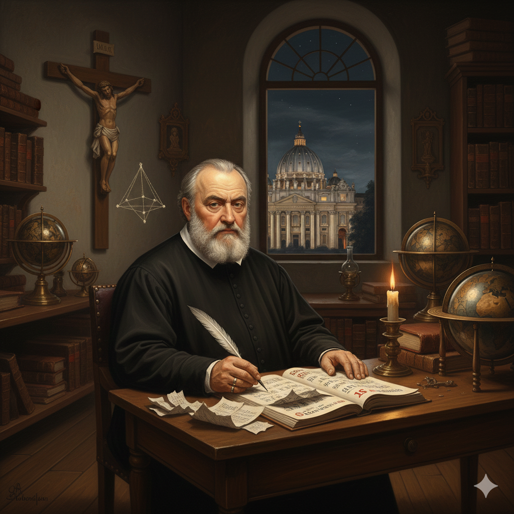 La Scena: I Giorni Rubati
L'Ambientazione: Roma, Collegio Romano, notte del 4 ottobre 1582. Lo studio di Clavio è austero, dominato da un crocifisso e da sfere armillari.
Cristoforo Clavio: È un gesuita anziano, corpulento, con un viso largo e serio, tipico tedesco. Indossa la tonaca nera. È seduto al tavolo con una penna sospesa sopra un foglio.
L'Azione e gli Elementi Simbolici:

Il Calendario:
Davanti a lui c'è il calendario liturgico. La data di oggi è segnata: 4 Ottobre.
Clavio guarda il foglio successivo. Dovrebbe essere il 5 Ottobre.
Con un gesto deciso, strappa via i fogli dei giorni successivi. Il 5, il 6, il 7... fino al 14.
Scrive a mano sul foglio successivo: 15 Ottobre.
Il Silenzio della Città:
Guarda fuori dalla finestra verso San Pietro. Sa che domani la gente si sveglierà confusa. I banchieri urleranno per gli interessi persi. I contadini non sapranno quando seminare.
Il Pensiero: "Dicono che ho rubato il tempo. Sciocchi. Ho solo rimesso l'orologio di Dio all'ora giusta. La Pasqua tornerà dove deve stare."
L'Ordine Matematico:
Clavio chiude il libro. Non è un atto di potere arbitrario. È un atto di sottomissione alla matematica. La natura (il Sole) non aspetta gli errori dell'uomo.
In quella stanza silenziosa, un prete ha appena sincronizzato l'umanità con le stelle per i millenni a venire.
L'immagine cattura il potere dell'intelletto burocratico e scientifico: la capacità di cambiare la realtà quotidiana di milioni di persone con un semplice calcolo corretto.