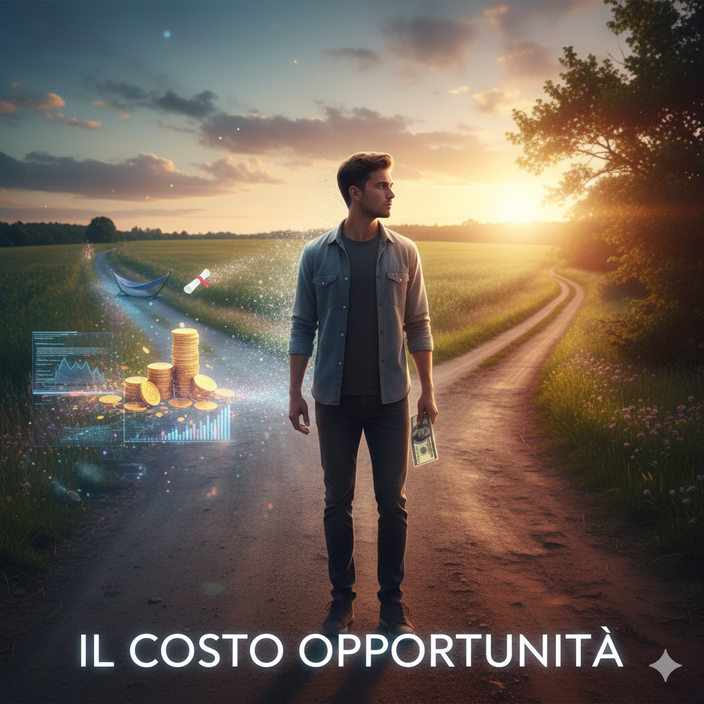 Descrizione Immagine
Protagonisti: Un uomo o una donna fermo a un bivio in una strada di campagna o in un corridoio moderno e asettico.Ambiente: Il bivio si divide in due strade distinte.Colori: La strada scelta dal protagonista è colorata, vivida e reale. La strada non scelta è semitrasparente, come un fantasma o un ologramma che sbiadisce.Significato: Sulla strada che il protagonista sta percorrendo, tiene in mano una banconota o un oggetto (il guadagno immediato). Sulla strada fantasma (quella a cui ha rinunciato), si vede fluttuare un oggetto di valore molto più grande o desiderabile (es. una laurea, un sacco di monete d'oro, o del tempo libero rappresentato da un'amaca). L'immagine visualizza visivamente il concetto di perdita invisibile: scegliendo una via, l'altra opzione svanisce, portando via con sé il suo valore potenziale. È la rappresentazione grafica del "what if".