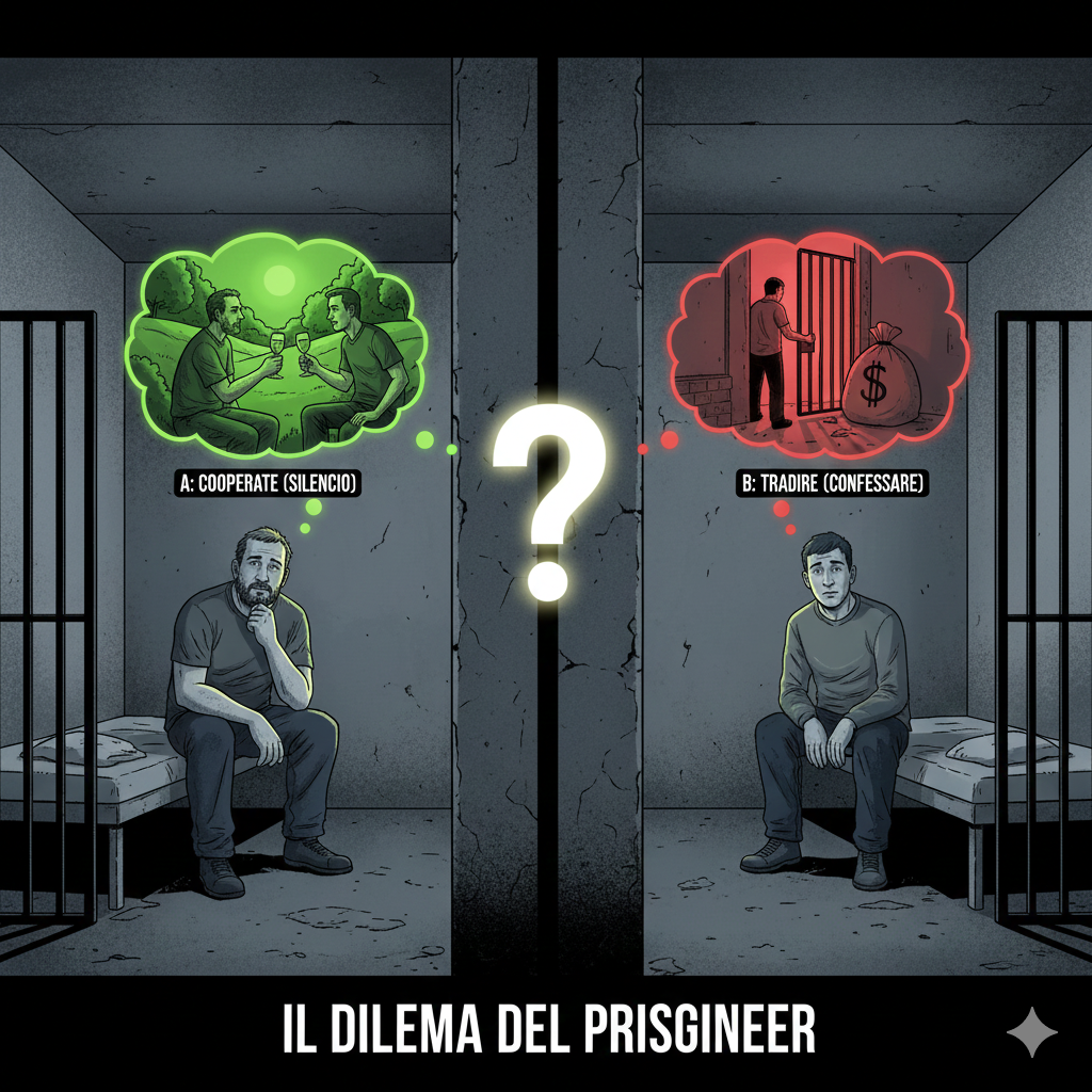  Descrizione Immagine
Protagonisti: Due uomini in due celle adiacenti separate da un muro spesso di cemento. Sono seduti su brande metalliche scomode.Ambiente: Una prigione stilizzata, con colori freddi (grigio cemento, sbarre di ferro nere).Colori: L'ambiente è monocromatico, ma sopra le teste dei prigionieri ci sono "nuvolette" di pensiero vivacemente colorate.Significato:

Il prigioniero A pensa a una scena idilliaca (verde brillante): lui e l'amico liberi che brindano al sole (l'opzione "cooperare/tacere").
Il prigioniero B pensa a una scena egoista (rosso allarme): lui che esce con un sacco di soldi mentre l'amico resta dietro le sbarre (l'opzione "tradire/confessare").
Un gigantesco punto interrogativo aleggia sul muro divisorio, simboleggiando l'incertezza e la mancanza di comunicazione che genera il dilemma.