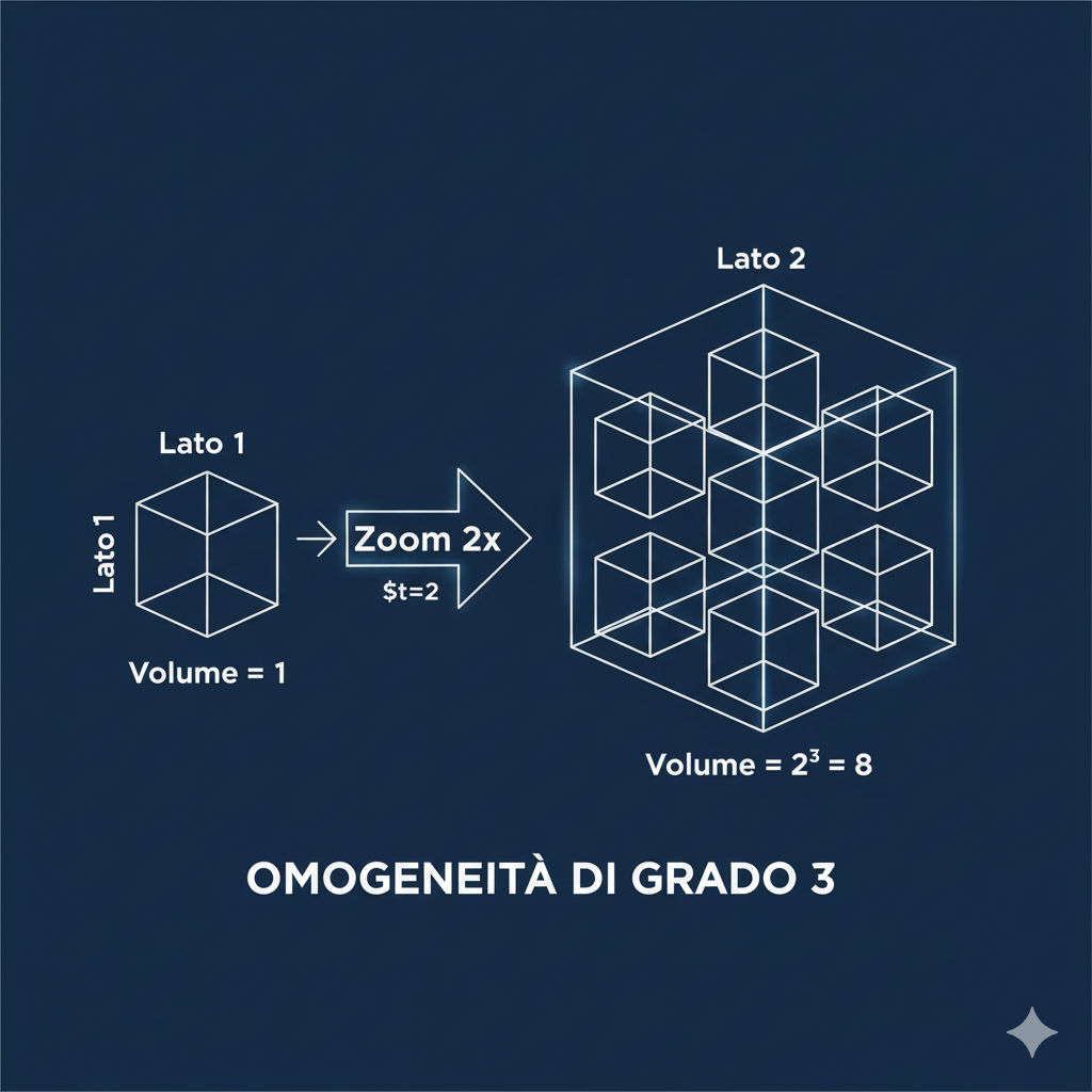 Descrizione Immagine
Protagonisti: Un architetto o un disegnatore tecnico.
Ambiente: Un foglio da disegno tecnico blu (blueprint).
Colori: Blu scuro di sfondo, linee bianche precise.
Significato:
A sinistra, il disegno di un piccolo cubo di lato 1 (Volume = 1).
Una freccia indica un'operazione di "Zoom 2x" (il fattore $t=2$).
A destra, il cubo è diventato grande, con lato 2. Ma dentro al cubo grande sono disegnati in trasparenza 8 cubetti piccoli (perché $2^3 = 8$).
L'immagine visualizza il concetto di omogeneità di grado 3 (tipica dei volumi): raddoppiando la dimensione lineare, il risultato cubico esplode. Serve a mostrare visivamente la non-linearità della scala.