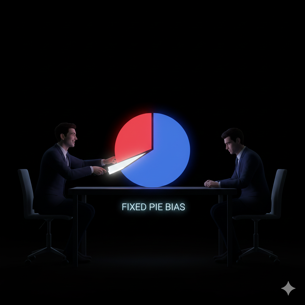 Descrizione Immagine
Protagonisti: Due uomini d'affari seduti a un tavolo, visti di profilo.Ambiente: Sfondo nero, minimalista.Oggetto: Al centro del tavolo c'è una torta (grafico a torta tridimensionale).Azione e Significato:

Uno dei due sta tagliando una fetta enorme per sé con un coltello, ridendo.
Mentre la sua fetta diventa più grande, la fetta dell'altro si rimpicciolisce visibilmente in tempo reale.
Non c'è altra torta in arrivo. La dimensione totale del cerchio è fissa.
L'immagine visualizza il concetto di "Fixed Pie Bias": l'unica fonte di guadagno è la sottrazione all'altro.