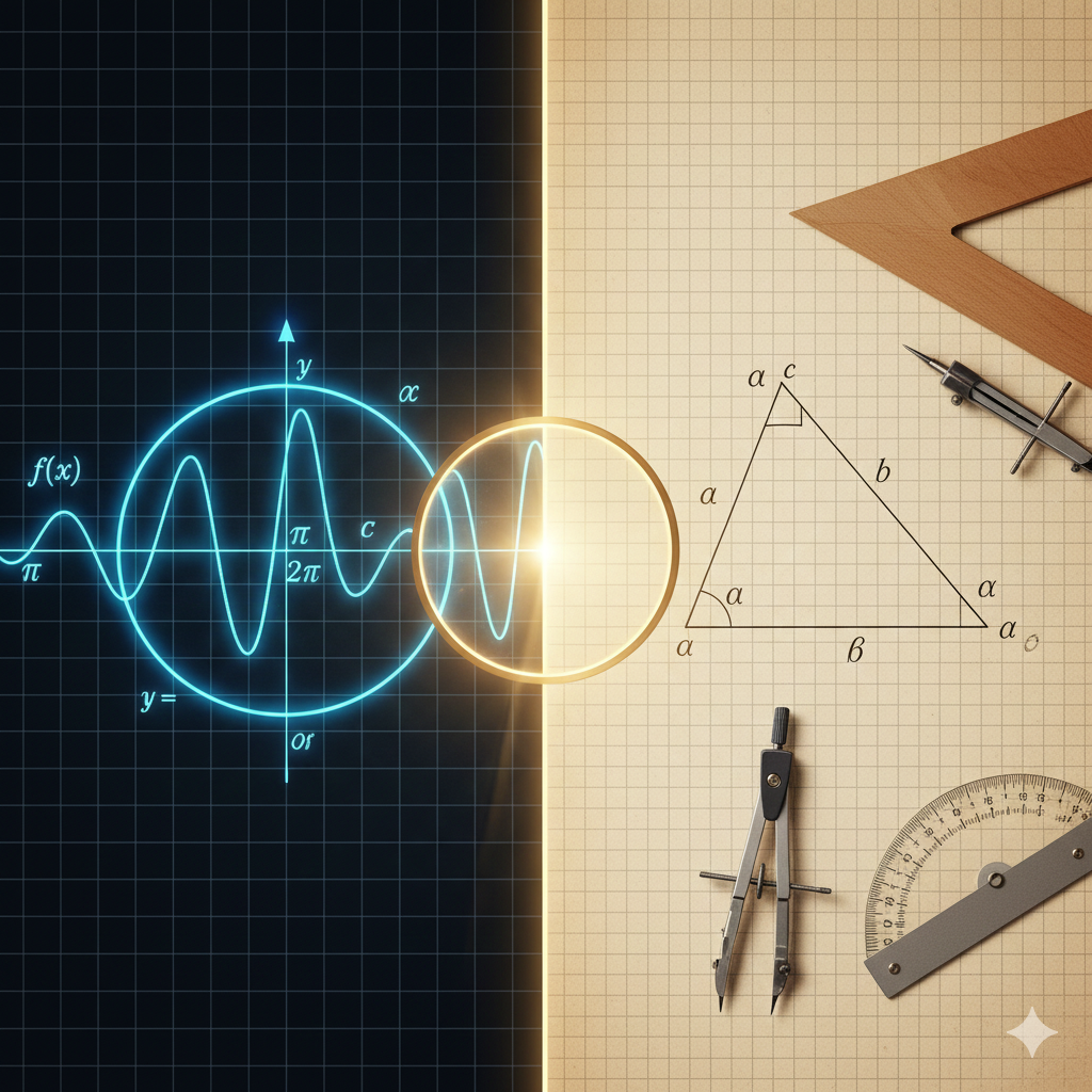 Descrizione per l'Immagine di Copertina: "Due Facce della Stessa Medaglia"
Concetto Generale:
L'immagine deve visualizzare la dicotomia Astratto vs Concreto.
A sinistra il mondo della Goniometria (grafici, infinito, cerchi); a destra il mondo della Trigonometria (triangoli, misure, realtà). Le due parti sono unite dallo stesso linguaggio matematico.
Dettagli della Scena:
Lato Sinistro (Goniometria/Analisi):
Sfondo: Un piano cartesiano scuro, "digitale" o astratto (griglia sottile).
Elementi:
Un Cerchio Goniometrico perfetto centrato nell'origine.
Un'onda sinusoidale ($y = \sin x$) che esce dal cerchio e si estende verso sinistra all'infinito, fluttuante come un nastro luminoso.
Scritte fluttuanti come $f(x)$, $\pi$, $2\pi$, $\infty$.
Colore Dominante: Blu elettrico, Ciano, Neon (freddo, analitico).
Lato Destro (Trigonometria/Geometria):
Sfondo: Un foglio di carta millimetrata color crema o una texture di pergamena tecnica.
Elementi:
Un Triangolo Scaleno disegnato con precisione (matita/china).
Quote ed etichette sui lati ($a, b, c$) e sugli angoli ($\alpha, \beta, \gamma$).
Strumenti fisici appoggiati sul foglio: una squadra, un compasso, un goniometro fisico.
Colore Dominante: Arancione caldo, Grigio grafite, Marrone legno (caldo, concreto).
Elemento di Unione:
Al centro, dove i due mondi si toccano, c'è una Lente d'Ingrandimento o un cerchio luminoso.
Dentro la lente, si vede che l'angolo $\alpha$ del triangolo (a destra) corrisponde esattamente all'angolo $\alpha$ nel cerchio goniometrico (a sinistra). È il punto di contatto.
Palette e Stile:
Contrasto: Tecnologico/Astratto a sinistra vs Artigianale/Tecnico a destra.
Illuminazione: Una luce taglia l'immagine diagonalmente o dal centro, evidenziando che la matematica è la luce che unisce i due mondi.
Sintesi per Prompt:
"Split screen image. Left side: Abstract mathematical void with a glowing unit circle and a sine wave graph extending to infinity, formulas like f(x)=sin(x), neon blue style. Right side: Technical drawing paper with a geometric triangle, rulers, compass, and labels a, b, c, warm orange and graphite style. Center: A glowing focal point showing the angle Alpha is the same in both worlds. High contrast, educational concept."