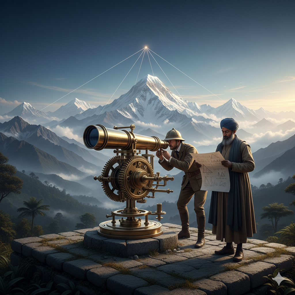 Descrizione per l'Immagine di Copertina: "Il Teodolite e la Montagna"
Concetto Generale:
L'immagine deve trasmettere il senso di contrasto epico: la precisione fredda della scienza (lo strumento in ottone) contro la grandezza selvaggia e indomabile della natura (l'Himalaya). Deve sembrare un fotogramma di un film d'avventura del XIX secolo.
Dettagli della Scena:

Primo Piano (La Scienza):
Sulla sinistra o al centro-destra, in forte dettaglio, c'è il Grande Teodolite. È uno strumento massiccio, complicato, fatto di ottone lucido e ingranaggi, montato su un treppiede robusto o su una base di pietra. Riflette la luce del sole.
Accanto allo strumento, due figure umane:
Un topografo britannico (in abiti coloniali dell'epoca, magari con un casco coloniale) che guarda dentro l'oculare.
Un matematico indiano (riferimento a Radhanath Sikdar) in abiti tradizionali o formali, che sta consultando dei fogli pieni di calcoli trigonometrici e disegni di triangoli.
Sfondo (La Natura):
Davanti a loro si apre un vasto panorama. In basso, la giungla indiana verde e nebbiosa (le Terai).
In lontananza, che domina l'orizzonte e buca le nuvole, la catena dell'Himalaya.
Al centro, maestoso e illuminato dalla luce dorata dell'alba o del tramonto, svetta l'Everest (Peak XV).
Elementi Grafici (La Matematica):
Sovrimpressi in modo sottile nel cielo, tra lo strumento e la vetta, ci sono delle linee luminose tratteggiate che formano dei triangoli.
Queste linee collegano visivamente l'occhio dell'osservatore alla cima della montagna, simboleggiando la linea di vista e il calcolo trigonometrico.
Palette e Stile:

Colori: Oro (l'ottone, la luce solare), Bianco (la neve), Verde scuro (la giungla), Azzurro (il cielo).
Atmosfera: Eroica, esplorativa, nitida. Alta definizione realistica.
Sintesi per Prompt:"Paesaggio epico del XIX secolo in India. In primo piano, un enorme teodolite in ottone lucido e due matematici (uno britannico, uno indiano) che prendono misure. Sullo sfondo, maestosa e lontana, la catena dell'Himalaya con l'Everest innevato. Linee geometriche luminose sottili formano triangoli nel cielo collegando lo strumento alla vetta. Luce dorata dell'alba, stile realistico avventuroso, alta risoluzione."
