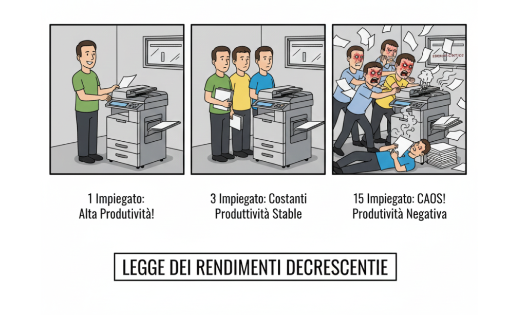 Descrizione Immagine
Protagonisti: Un piccolo ufficio con una sola fotocopiatrice.Ambiente: Caotico e affollato.Colori: Toni di grigio per l'ufficio, rosso per le facce stressate degli impiegati.Significato:

Nella prima vignetta, c'è un solo impiegato che stampa velocemente e sorride.
Nella seconda, ci sono tre impiegati in fila, un po' annoiati ma ordinati.
Nella terza (quella principale), ci sono 15 persone ammassate intorno all'unica fotocopiatrice (il fattore fisso). Si spingono, urlano, i fogli volano via, la macchina è inceppata.
L'immagine illustra comicamente la fase dei rendimenti negativi: troppa gente sullo stesso macchinario blocca tutto invece di velocizzare.
