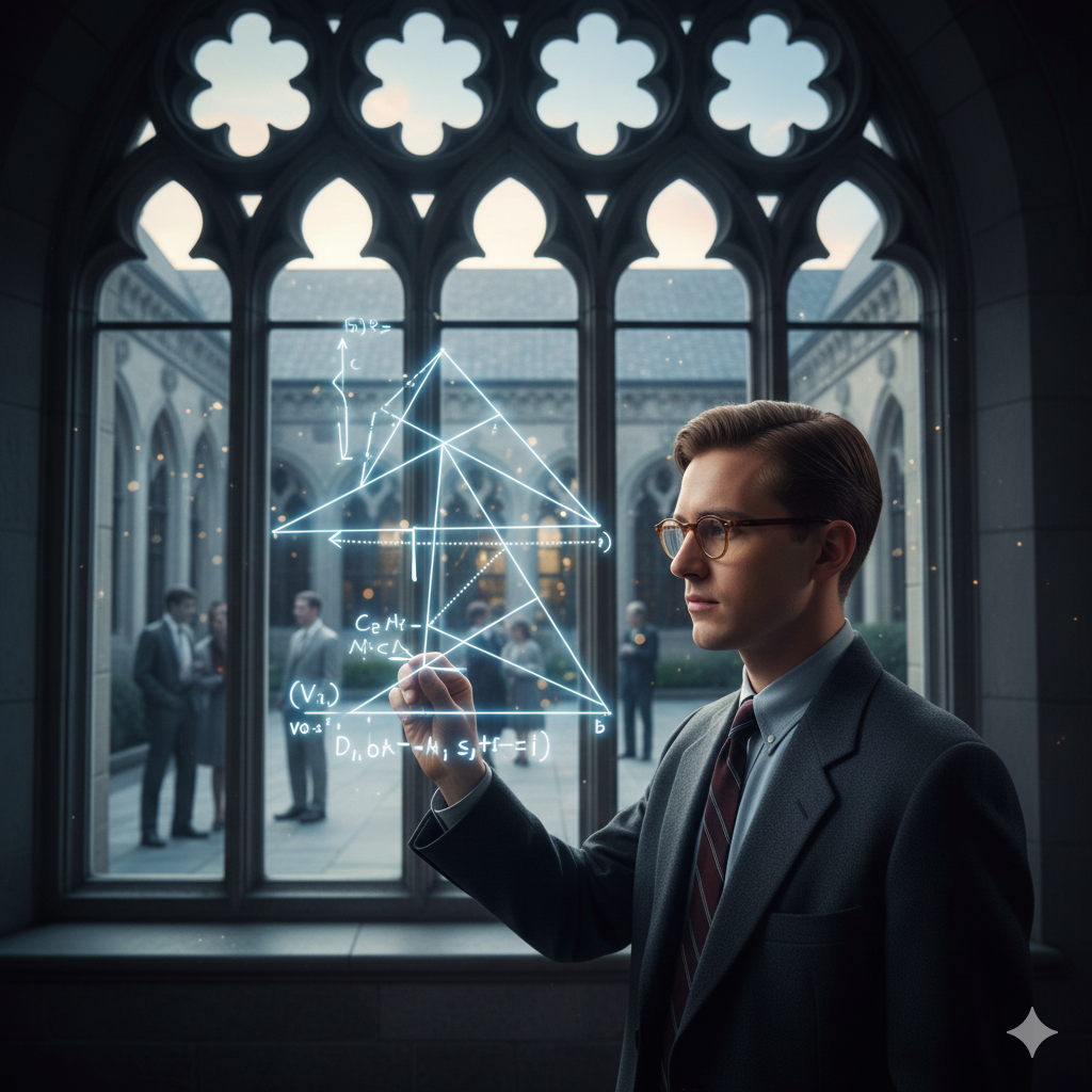 Descrizione Immagine
Protagonisti: John Nash, raffigurato in stile anni '50, giovane e in abito formale ma leggermente disordinato (cravatta allentata).Ambiente: La vetrata di una biblioteca universitaria gotica o una vecchia aula di Princeton.Colori: Tonalità fredde e intellettuali (blu acciaio, grigio ardesia) con "scintille" di luce dorata o bianca.Significato: Nash sta scrivendo con un pennarello o un gesso direttamente sul vetro della finestra. Non scrive numeri, ma disegna connessioni tra diverse persone stilizzate che si trovano fuori dalla finestra, nel cortile. Linee luminose collegano queste persone come fili invisibili. L'immagine rappresenta la visione di Nash: la capacità di vedere le interazioni strategiche invisibili che legano le decisioni di persone apparentemente indipendenti. La luce esterna illumina i calcoli sul vetro, simboleggiando l'illuminazione razionale.