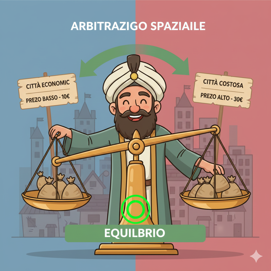 Descrizione Immagine
Protagonisti: Un commerciante con una bilancia a due piatti.Ambiente: Sullo sfondo a sinistra c'è una città povera/economica, a destra una città ricca/costosa.Colori: Blu (basso prezzo), Rosso (alto prezzo), Verde (equilibrio).Significato:

Sul piatto sinistro (città economica), il commerciante sta prelevando sacchi di merce (facendoli sparire da lì, quindi il prezzo sale).
Sul piatto destro (città costosa), sta depositando i sacchi (inondando il mercato, quindi il prezzo scende).
L'ago della bilancia, che prima era storto, si sta allineando perfettamente al centro.
L'immagine rappresenta visivamente il flusso fisico dei beni che "livella" i dislivelli di prezzo come l'acqua nei vasi comunicanti.