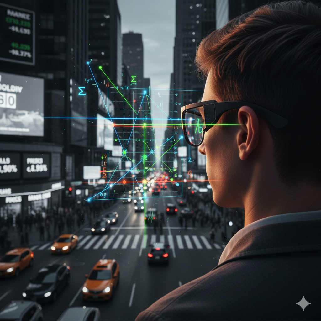 Descrizione Immagine
Protagonisti: Un giovane studente o studentessa moderna, vista di spalle o di profilo, che guarda attraverso un visore futuristico o un paio di occhiali speciali.Ambiente: Davanti a lei c'è una scena caotica di vita quotidiana: un incrocio trafficato di una metropoli con negozi, persone che scambiano merci, prezzi esposti, borsa valori su schermi giganti.Colori: La realtà "nuda" è in bianco e nero o colori desaturati. Attraverso le lenti degli occhiali (o nella proiezione olografica che vede), il mondo si illumina di linee luminose al neon (blu, verde, arancione).Significato: Le linee luminose sovrapposte alla realtà disegnano curve di domanda e offerta, vettori di prezzi e punti di equilibrio. L'immagine simboleggia il concetto che la matematica è la lente che permette di decifrare il caos apparente del mondo reale, rivelando la struttura logica sottostante. Rappresenta il passaggio dalla confusione alla chiarezza grazie allo studio.