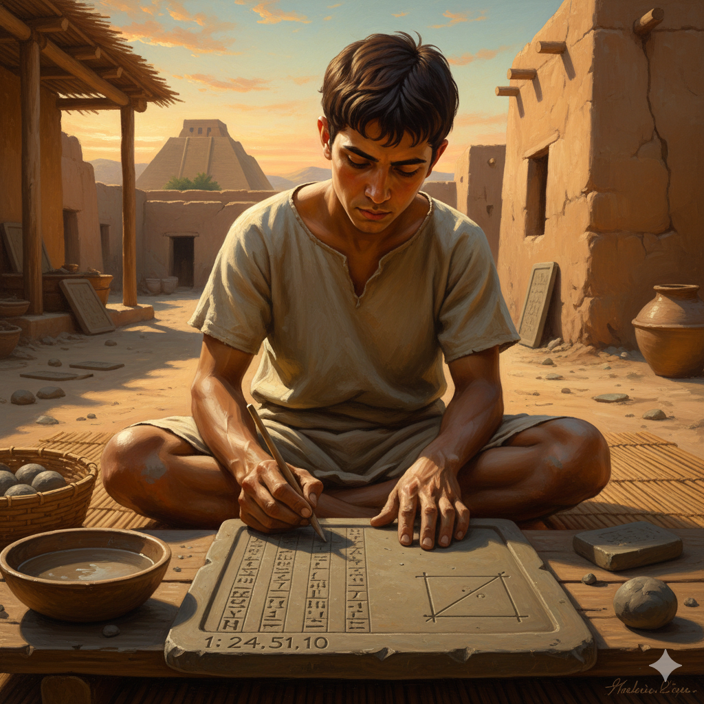 La Scena: Il Calcolo nel Fango
L'Ambientazione: Città di Larsa, Mesopotamia, 1750 a.C. Il sole è implacabile, l'aria è secca e polverosa, odora di fiume e fango essiccato. Siamo nel cortile di una Edubba, la scuola degli scribi.
Il Protagonista: Un giovane apprendista scriba, seduto a gambe incrociate su una stuoia di canne. Ha le mani sporche di argilla grigia. Davanti a lui c'è un cesto con palline di argilla fresca e una ciotola d'acqua.
L'Azione e gli Elementi Simbolici:
Lo Stilo (Lo Strumento):
Il ragazzo impugna uno stilo di canna tagliato a cuneo. Non scrive scorrendo; scrive imprimendo.
Preme lo stilo nell'argilla morbida. Tap. Un cuneo verticale ($\nabla$). Significa 1. O significa 60.
Il Problema (La Radice):
Il maestro gli ha assegnato un problema: calcolare la diagonale di un campo quadrato.
Il ragazzo non disegna il campo. Visualizza i numeri. Usa un algoritmo che ha imparato a memoria (quello che noi chiamiamo metodo di Erone).
Fa una stima. Divide. Fa la media. Ripete.
Incolonna cunei su cunei.
La Precisione:
Alla fine, incide il risultato: $1; 24, 51, 10$ (in base 60).
Senza saperlo, ha appena calcolato $\sqrt{2}$ con una precisione che un architetto moderno invidierebbe.
L'Eternità:
Il ragazzo sbuffa, stanco, e mette la tavoletta al sole ad asciugare. Pensa che quel calcolo servirà solo per l'esame di domani.
Non sa che quel pezzo di fango si indurirà, sopravvivrà al crollo di Babilonia, alle invasioni persiane, greche, romane e mongole, per finire 3800 anni dopo in una vetrina climatizzata di New York, a testimoniare che la mente umana aveva già afferrato l'infinito quando l'Europa era ancora una foresta selvaggia.
L'immagine cattura la concretezza fisica dell'inizio della matematica: non gesso etereo su lavagna, ma segni indelebili premuti nella terra stessa.