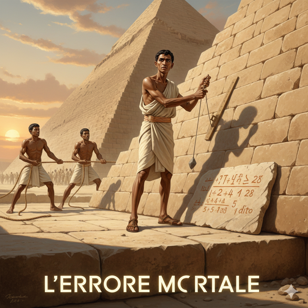 La Scena: L'Errore Mortale
L'Ambientazione: Piana di Giza, 2560 a.C. Il cantiere della Grande Piramide è un formicaio assordante. La polvere bianca del calcare copre tutto, incollandosi alla pelle sudata. Il sole è allo zenit, spietato.
Ahmes (o un suo antenato): È in piedi su un blocco di pietra a metà altezza della piramide in costruzione. Il vento gli sbatte la veste di lino contro le gambe. Ha lo sguardo preoccupato.
L'Azione e gli Elementi Simbolici:
La Corda dei Nodi:
Davanti a lui, due operai, i "Tenditori", stanno tirando una corda di canapa spessa. Ahmes controlla i nodi: 3, 4, 5. L'angolo è retto. La base è quadrata. Fin qui, tutto bene.
Il Filo a Piombo:
Ma il problema è l'inclinazione. Ahmes tiene in mano un filo a piombo (una pietra legata a un filo) e un regolo di legno. Lo appoggia contro la faccia inclinata della pietra esterna.
Il Pensiero: "Il Seqed deve essere 5 palmi e 1 dito. Se è 5 palmi e 2 dita, la punta non si incontrerà al centro. E il Faraone mi taglierà la testa."
Il Calcolo sulla Pietra:
Con un pezzo di ocra rossa, scrive freneticamente su una scaglia di calcare. Non usa carta.
$\frac{1}{2} + \frac{1}{4} + \frac{1}{28}$...
Calcola il rapporto tra l'altezza raggiunta e la base rientrante.
Le mani gli tremano leggermente. Un errore di un millimetro qui, alla base, diventerà un errore di metri sulla cima, a 140 metri di altezza.
L'Ordine:
Il calcolo torna. Il seqed è perfetto. Ahmes espira, si asciuga il sudore e fa un cenno secco al capomastro.
"Posate il blocco."
Il rumore riprende. La montagna artificiale cresce di un altro passo verso il cielo, tenuta insieme non dalla malta, ma dalla precisione invisibile delle frazioni di uno scriba.
L'immagine cattura la tensione di un'ingegneria senza computer, dove la matematica era l'unica assicurazione contro il disastro, scritta col gesso rosso sotto il sole del deserto.