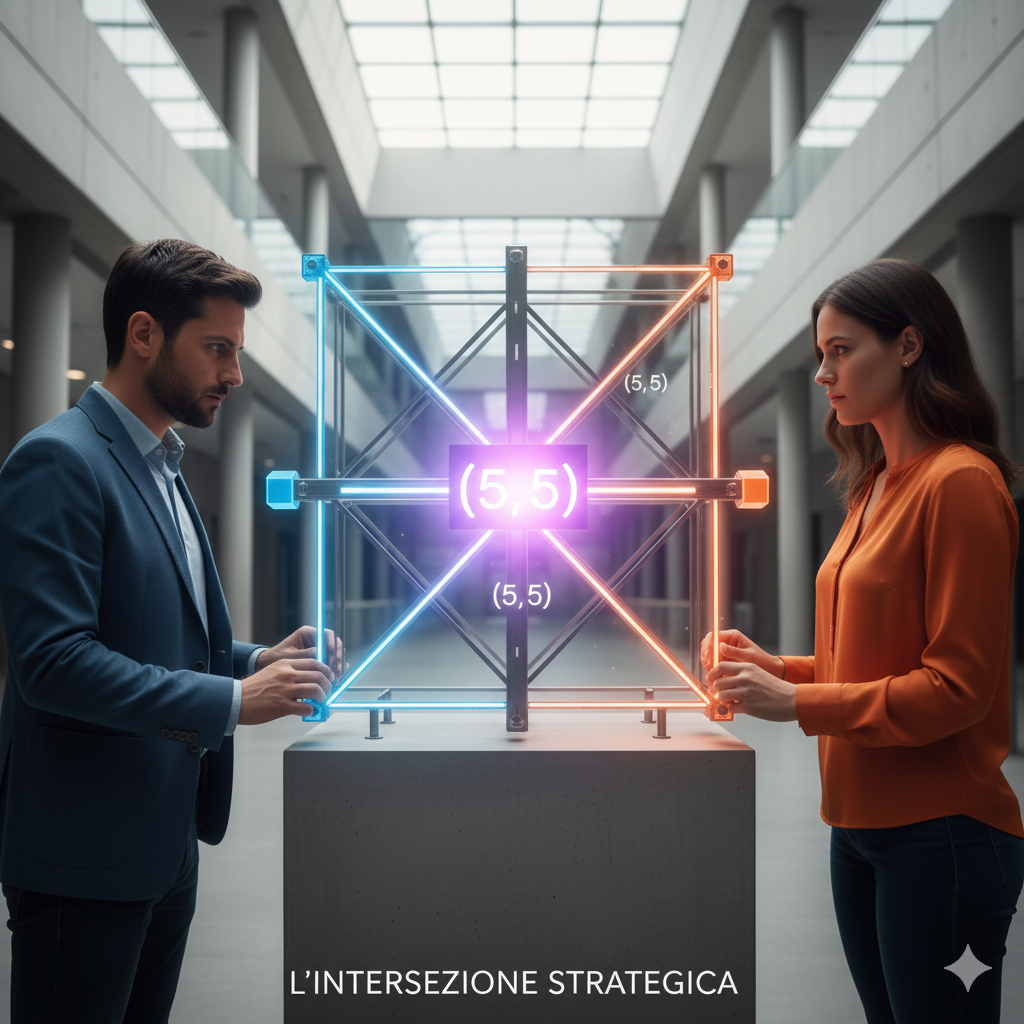 Nuova Descrizione Immagine: "L'Intersezione Strategica"
Protagonisti: Due persone in abiti business-casual moderni (un uomo e una donna, per esempio), in piedi uno di fronte all'altra. Hanno un'espressione concentrata e calcolatrice, come giocatori di scacchi di alto livello.
Ambiente: Un ambiente architettonico minimale e luminoso, come l'atrio di un moderno edificio di vetro e cemento, o uno studio di design. Non è buio, ma pieno di luce naturale.
L'Oggetto Centrale: Tra di loro non c'è un ologramma fluttuante, ma una grande struttura di vetro e luce fisica che rappresenta la matrice 2x2. È un oggetto di design, elegante e solido.
L'Azione e i Colori:
Il Giocatore A (sinistra) sta spingendo una "pedina" di luce blu lungo una rotaia orizzontale (scegliendo la sua Riga).
Il Giocatore B (destra) sta spingendo una "pedina" di luce arancione lungo una rotaia verticale (scegliendo la sua Colonna).
Il Punto Focale: Nel punto esatto in cui le loro scelte si incrociano (una delle quattro celle), le luci blu e arancioni si fondono creando un bagliore intenso (magari bianco o viola).
All'interno di quel bagliore, si vedono chiaramente, come incisi nella luce, i due numeri del payoff finale (es. $(5, 5)$).
Le altre tre celle della matrice sono visibili ma spente, in grigio, mostrando i "futuri non realizzati".
Significato:
Questa immagine è migliore perché:
È tangibile: La matrice sembra un oggetto fisico, non una magia digitale, rendendo il concetto più concreto.
È umana: Mostra persone vere che prendono decisioni, non mani robotiche. Sottolinea l'aspetto psicologico dell'interdipendenza.
È chiara: L'uso delle rotaie fisiche per righe e colonne rende immediatamente comprensibile il meccanismo di "incrocio" delle scelte.
È elegante: Si adatta meglio a un blog che tratta la matematica con serietà e stile.