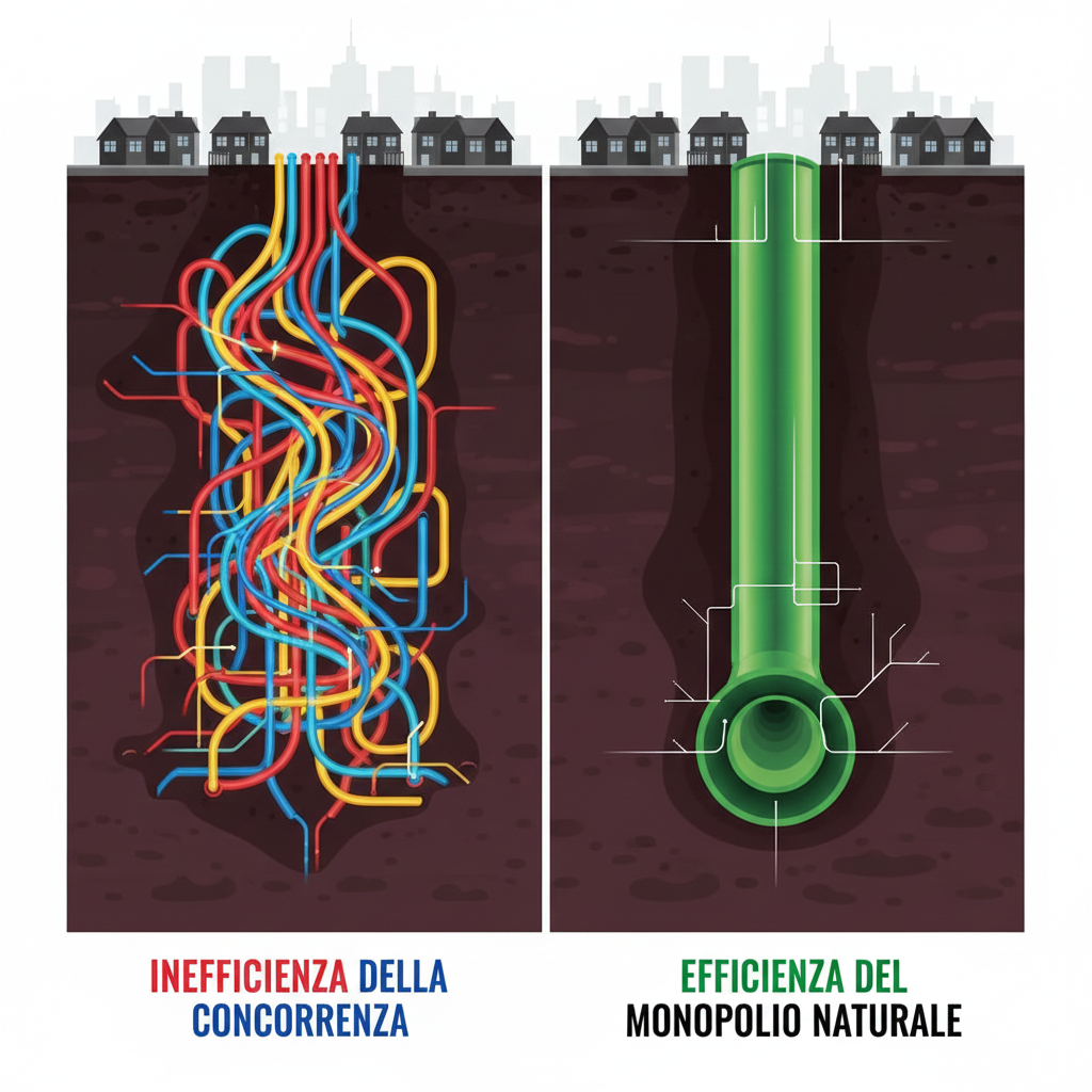 Descrizione Immagine
Protagonisti: Una rete intricata di cavi o tubature.Ambiente: Il sottosuolo di una città (sezione trasversale).Colori: Terreno scuro (marrone/grigio), tubi colorati molto accesi (rosso, blu, giallo).Significato:

A sinistra (Inefficienza della concorrenza): Si vede un caos di tubi rossi, blu e gialli tutti aggrovigliati e duplicati che corrono paralleli verso la stessa casa. Costano tantissimo spazio e materiale.
A destra (Efficienza del Monopolio Naturale): Si vede un solo tubo grande, pulito e robusto (verde o bianco) che serve l'intera città in modo ordinato.
L'immagine serve a visualizzare immediatamente lo "spreco" fisico della duplicazione delle infrastrutture.