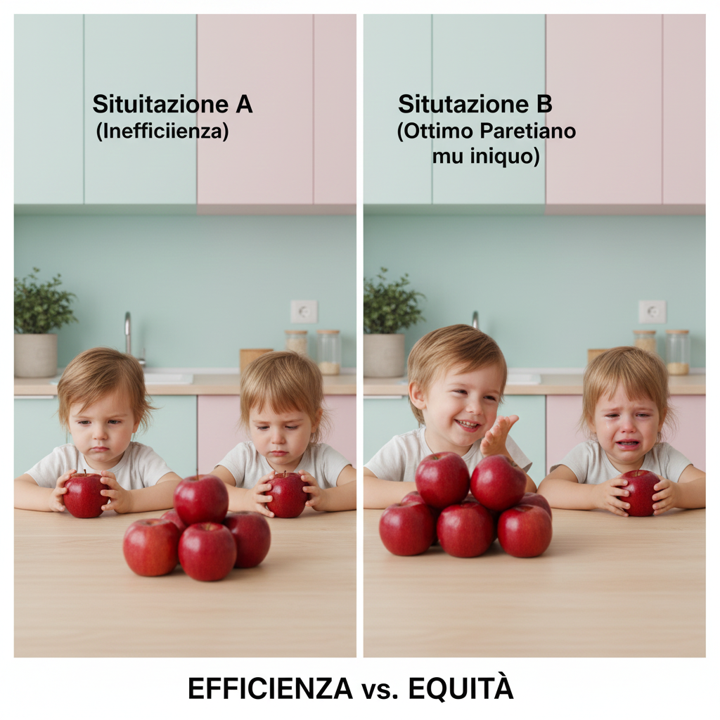 Descrizione Immagine
Protagonisti: Due bambini seduti a un tavolo.Ambiente: Una cucina luminosa ma essenziale.Colori: Colori pastello per l'ambiente, ma colori molto accesi (rosso rubino, verde smeraldo) per gli oggetti sul tavolo.Significato: Sul tavolo ci sono 10 bellissime mele rosse lucide.

Situazione A (Inefficienza): I bambini hanno 2 mele a testa. 6 mele sono abbandonate al centro del tavolo. I bambini sono tristi perché ne vorrebbero ancora.
Situazione B (Ottimo Paretiano ma iniquo): Un bambino ha 9 mele e sorride beffardo, l'altro ne ha solo 1 e piange. Non ci sono mele al centro.
L'immagine, divisa a metà o in sequenza, mostra visivamente che "non sprecare" (efficienza) non significa necessariamente "fare a metà" (giustizia).