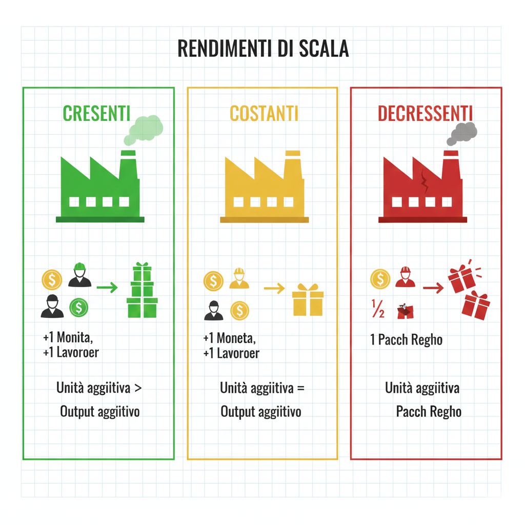 Descrizione Immagine
Protagonisti: Tre piccole fabbriche stilizzate affiancate.Ambiente: Uno sfondo bianco o millimetrato (tecnico).Colori: Verde (successo), Giallo (stabilità), Rosso (inefficienza).Significato:

Scenario 1 (Verde - Crescenti): Inserisco 1 moneta e 1 lavoratore -> Escono 3 pacchi regalo.
Scenario 2 (Giallo - Costanti): Inserisco 1 moneta e 1 lavoratore -> Esce 1 pacco regalo (o 2 in -> 2 out).
Scenario 3 (Rosso - Decrescenti): Inserisco 1 moneta e 1 lavoratore -> Esce solo mezzo pacco regalo.
L'immagine usa una metafora di "input-output machine" per visualizzare immediatamente la differenza di moltiplicatore.